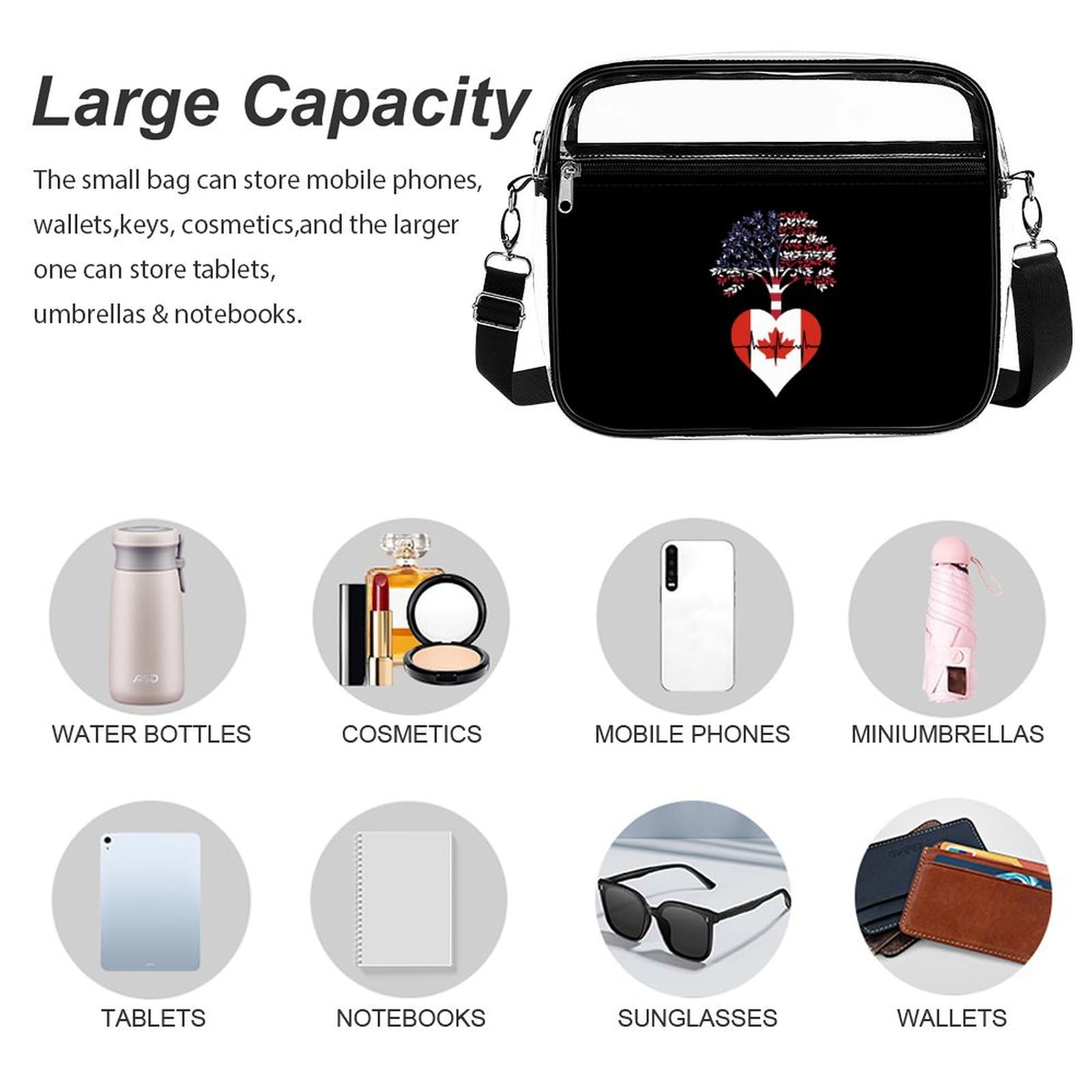 Clear Stadium Bag for Canada & US - Root Heartbeat Transparent Messenger Shoulder Bag with 2 Compartments, Waterproof Crossbody Purse for Concerts, Sports Events & Travel