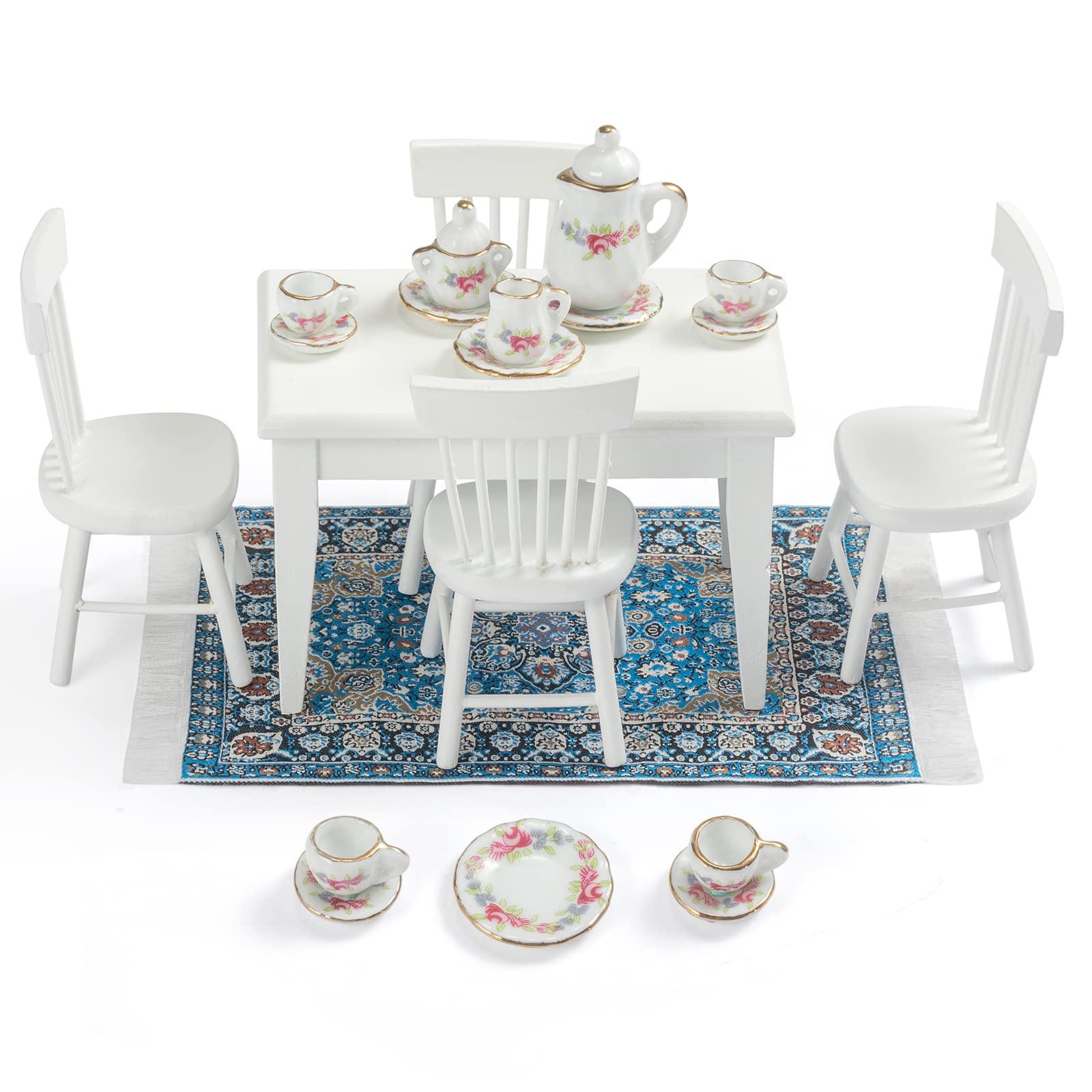 1:12 Scale SAMCAMI Miniature Dollhouse Furniture Set - Wooden Kitchen & Dining Room Accessories with Table, Chairs, Tea Set & Carpet (White) | Perfect for Dollhouse Decor, Collectors & Creative Play