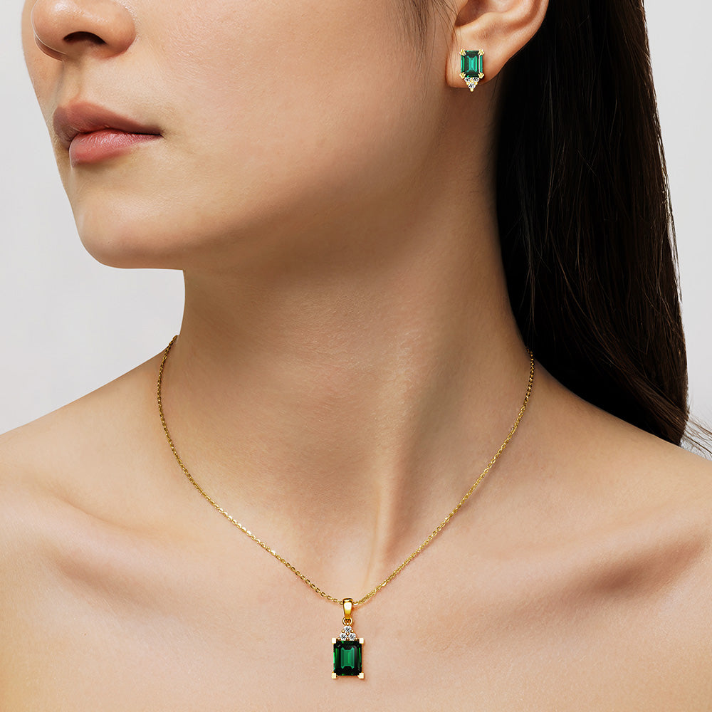 Lab Grown Emerald Pendant and Earrings Set - 14K Gold Plated Jewelry for Women, Gift for Her | Perfect for Weddings, Anniversaries & Special Occasions