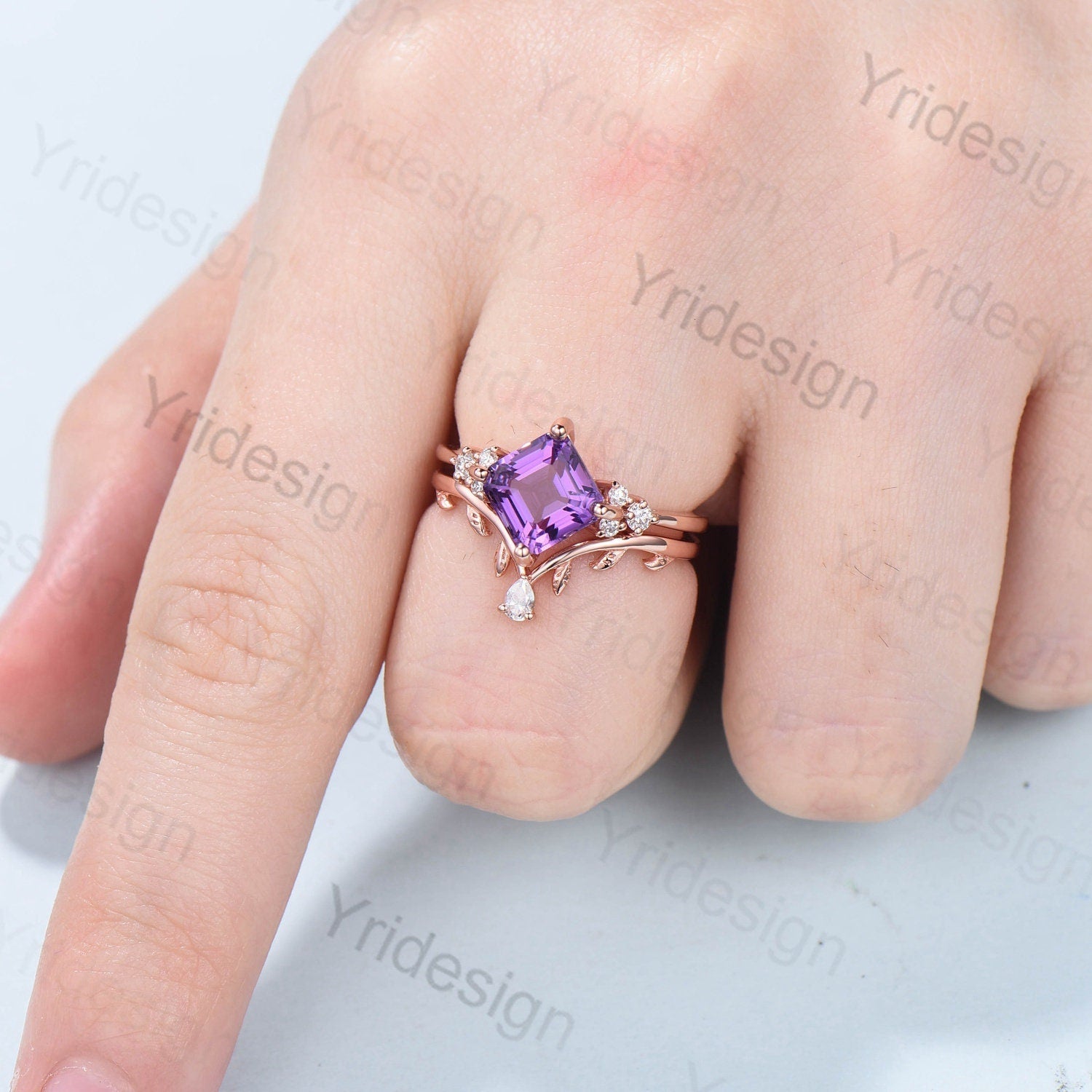 7mm Asscher Cut Amethyst Wedding Ring Set with Moissanite Accents - Nature Inspired Leaf Branch Bridal Jewelry for Women - Perfect for Engagement, Wedding & Anniversary Gifts