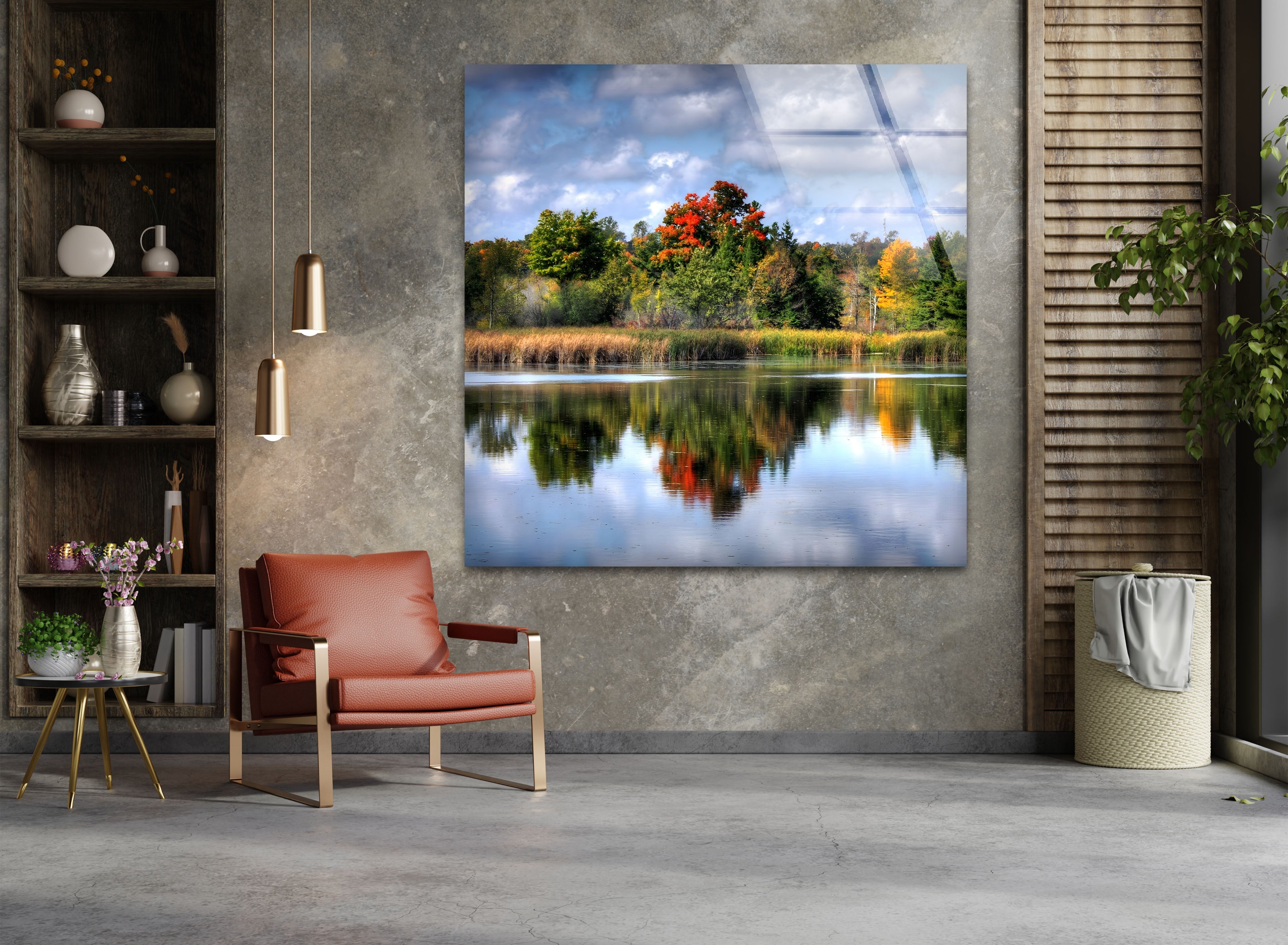 Autumn Reflections Scenic Forest Lake Glass Wall Art - Stunning Nature Decor for Living Room, Bedroom & Office