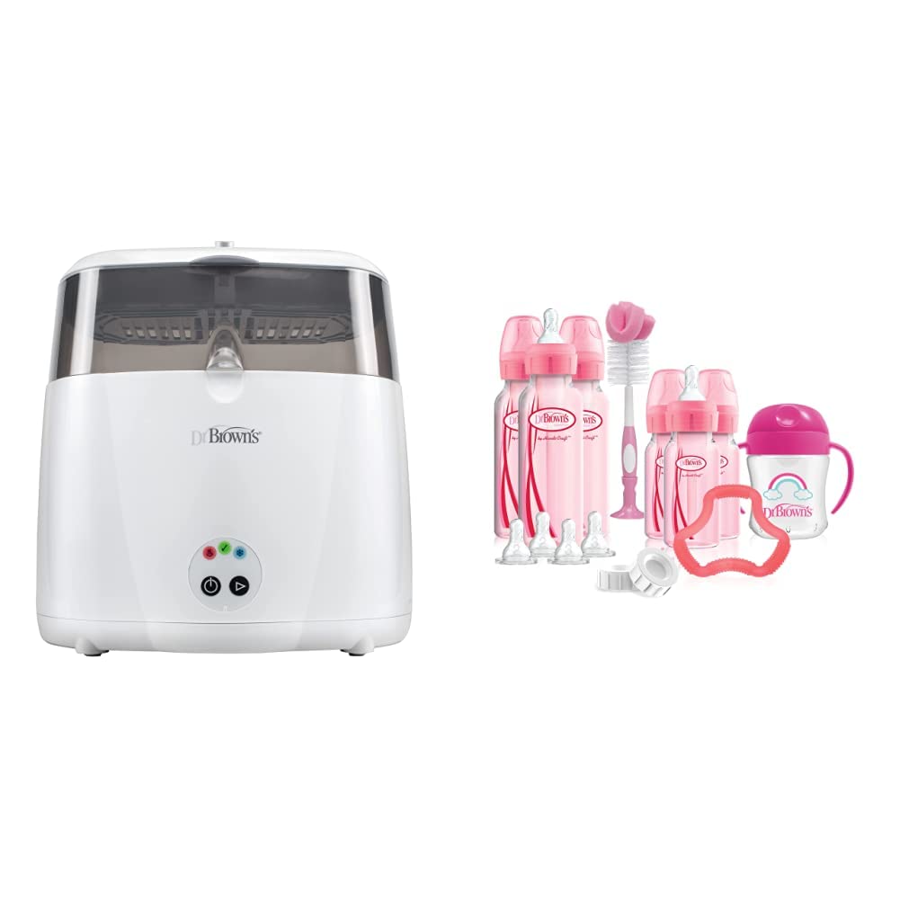 Dr. Brown's Deluxe Electric Baby Bottle Sterilizer & Warmer | Options Baby Bottle Gift Set (Pink) - Perfect for Newborns, Travel & Daycare Use