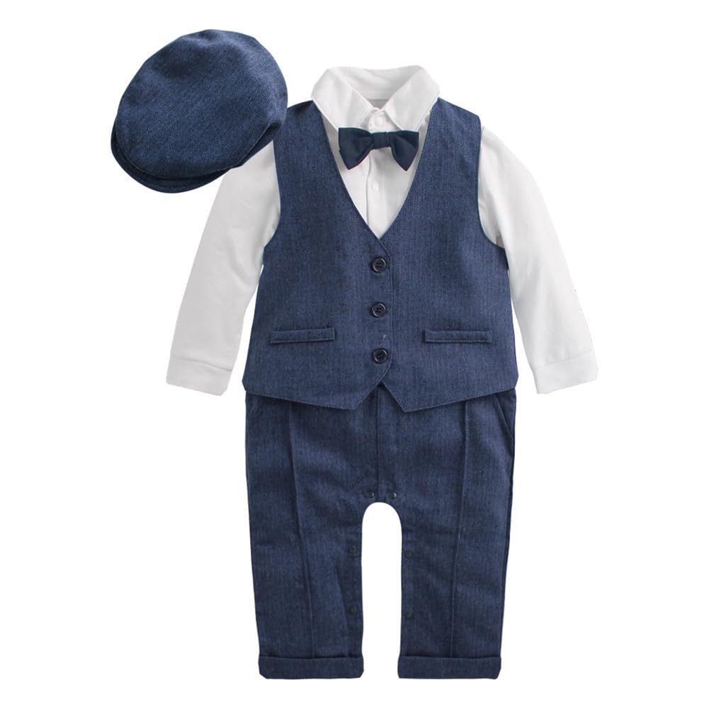 IDOPIP Baby Boy Gentleman Outfit - Formal Tuxedo Suit with Bowtie, Vest & Hat - Romper Overalls for Birthday, Wedding & Party | Perfect for Special Occasions & Photo Shoots