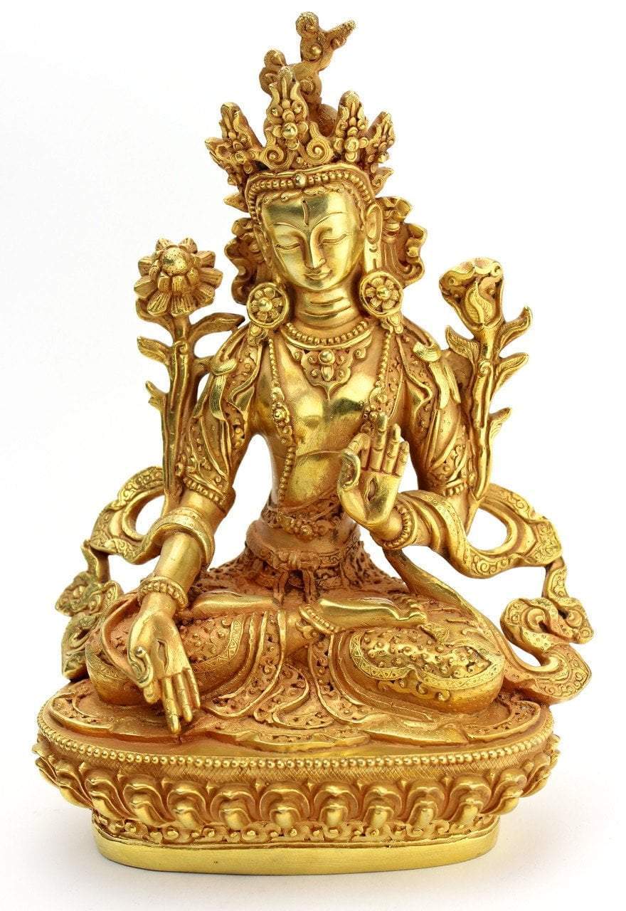 8 Inch Gold Plated White Tara Statue - Buddhist Goddess of Compassion - Home Altar Decor, Meditation Room, Yoga Studio, Spiritual Gift