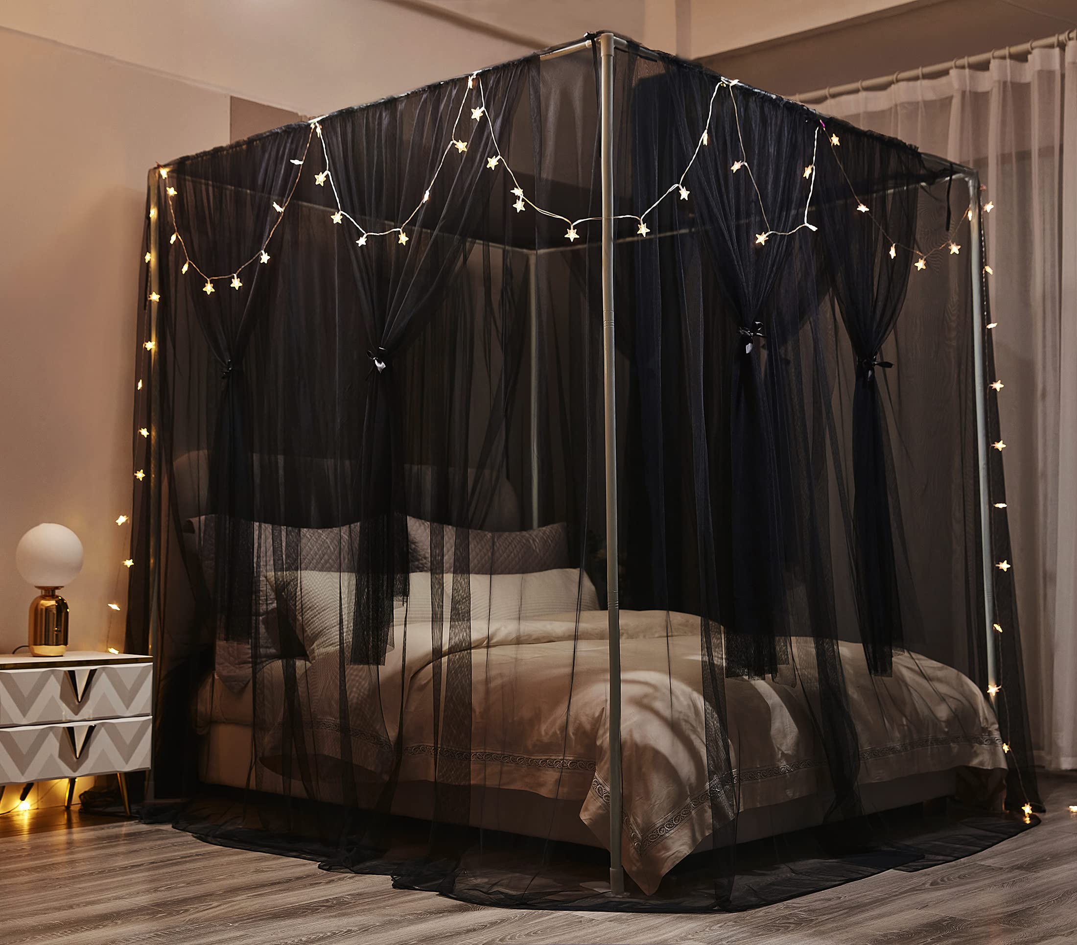 Elegant Mengersi Canopy Bed Curtains with Fairy Lights - Single/Twin Size Bed Netting for Gothic Bedroom Decor | Perfect for Romantic Nights & Boho Chic Room Aesthetics