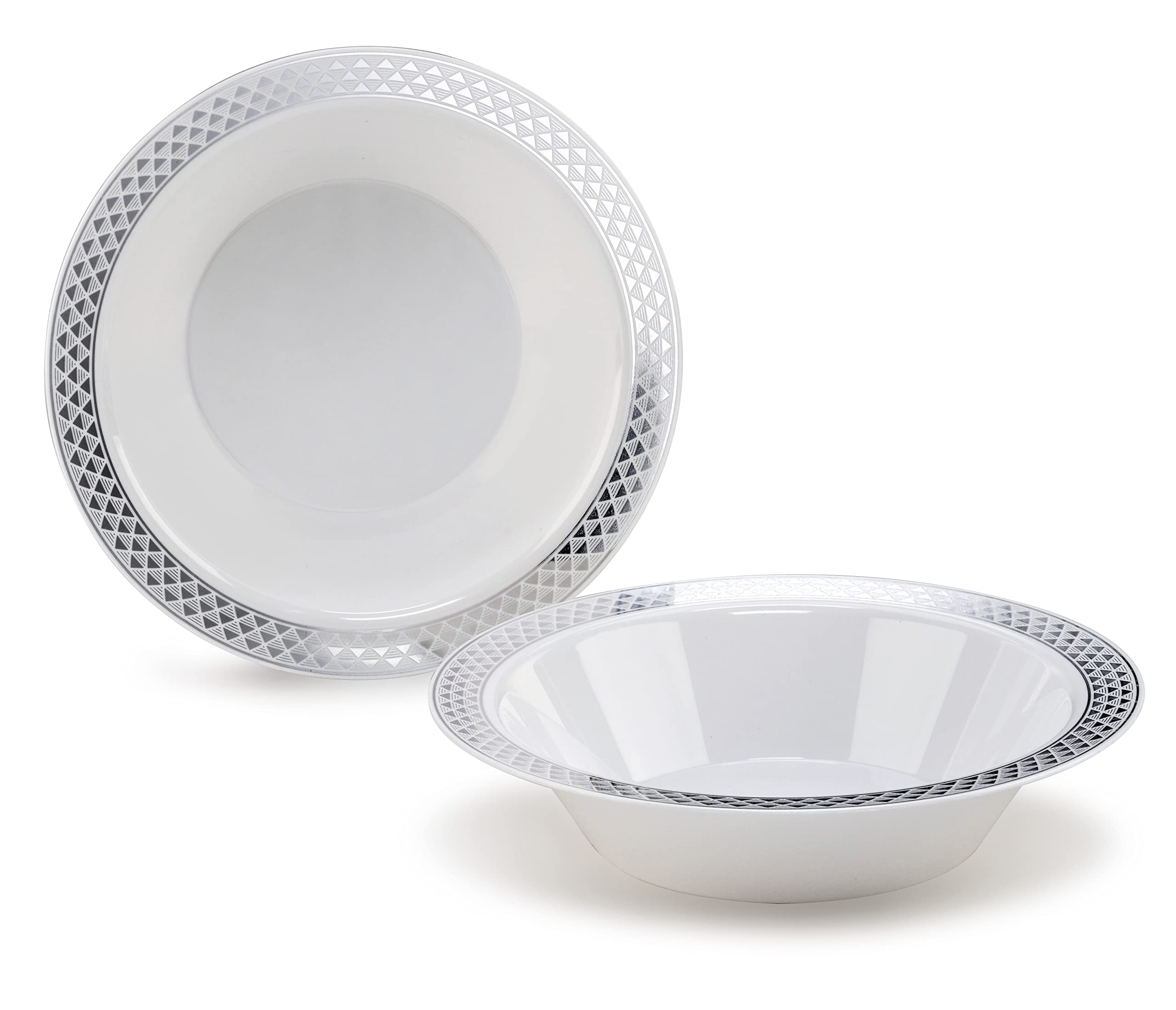 240 Pack Heavyweight Disposable Plastic Bowls - 14oz White & Silver Wedding Party Soup Bowls | Elegant Dinnerware for Celebrations, Events & Catering