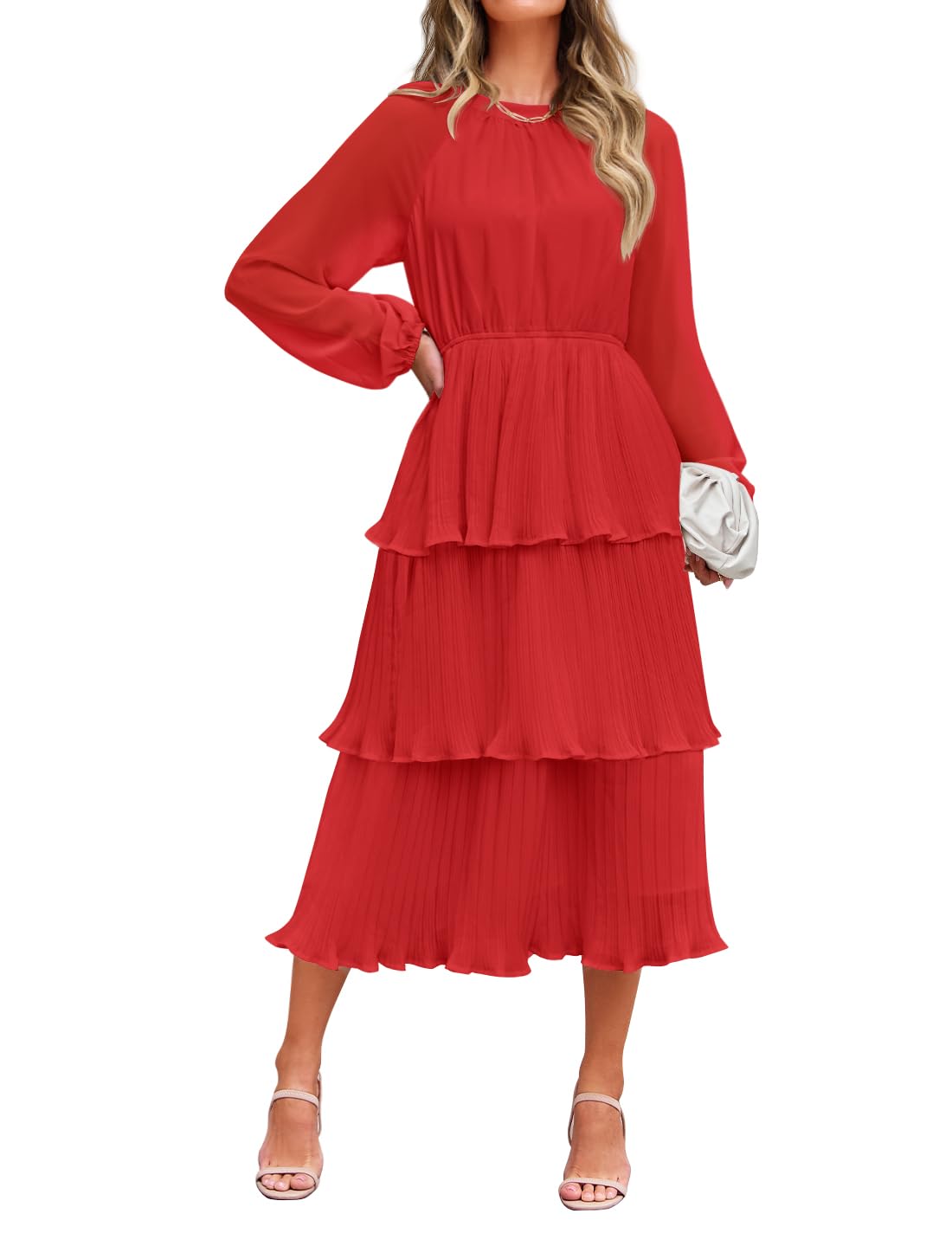 ZESICA Women's 2025 Long Sleeve Crew Neck Ruffle Tiered Chiffon Flowy Swing Midi Dress - Elegant Casual & Party Wear for Spring/Summer Occasions