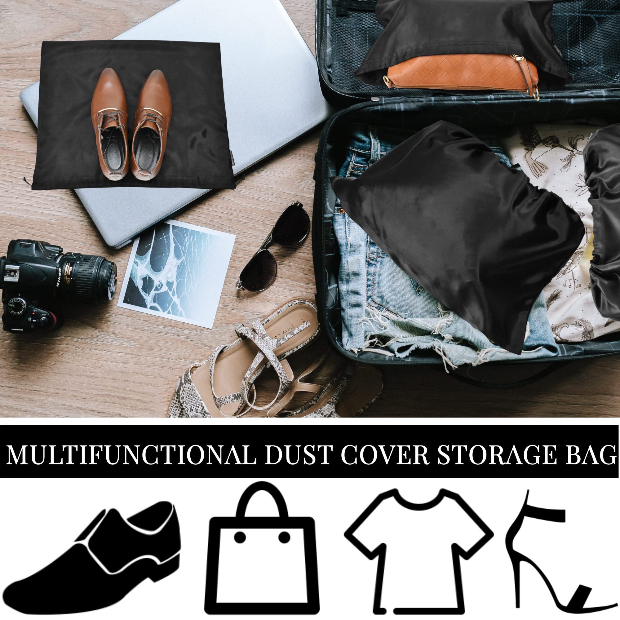 12 Pcs Satin Dust Bags for Purses & Handbags with Drawstring Closure - Luxury Handbag Protector & Storage Organizer (Black) - Perfect for Travel, Closet Organization & Designer Bag Protection
