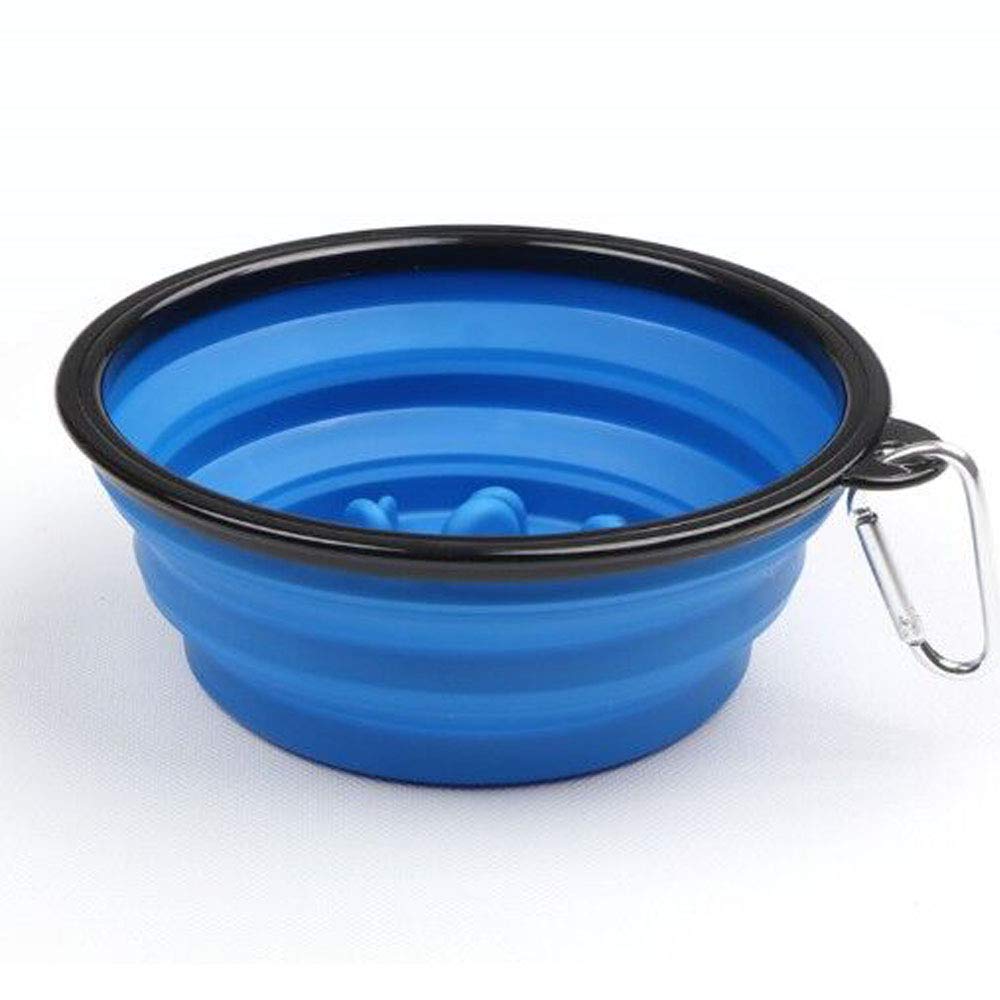 2 Pack Collapsible Slow Feed Dog Bowls - Portable Foldable Pet Bowls for Small Dogs, Puppies & Cats - Expandable Travel Food & Water Dish for Pets (Blue + Green) - Perfect for Hiking, Camping & Road Trips