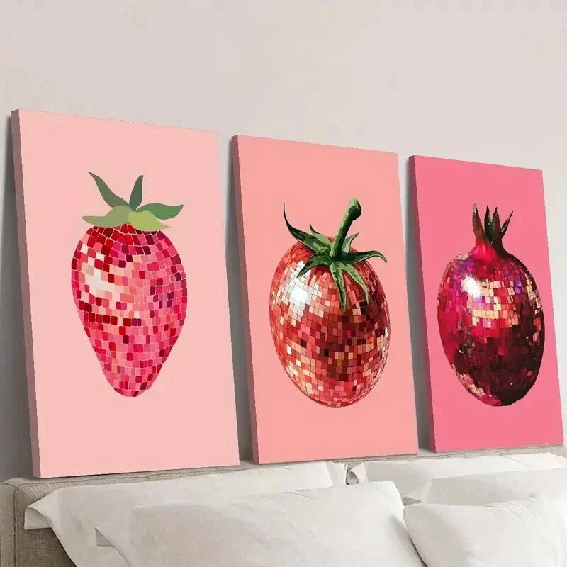 3-Piece Strawberry, Tomato, Pomegranate Wall Art Set - Framed Canvas 50x70cm - High Quality Print - 100% Australian Made - Ready to Hang - Perfect for Kitchen, Dining Room & Farmhouse Decor