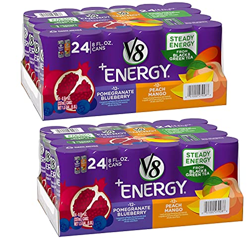 V8 +Energy Variety Pack - Pomegranate Blueberry & Peach Mango Flavored Energy Drinks (48 Cans Total, 8oz Each) | Refreshing & Hydrating | Perfect for Workouts, Office Boost & Outdoor Activities