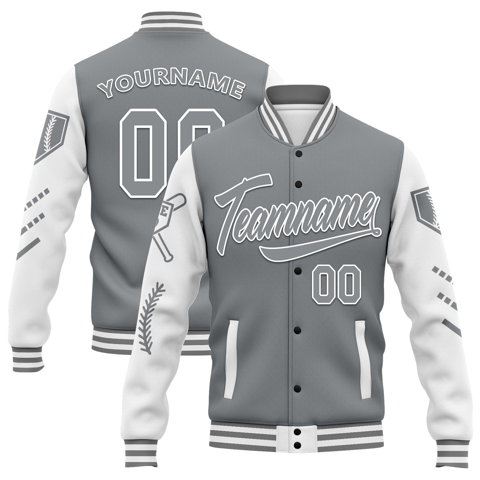 Custom Gray & White Raglan Sleeves Bomber Jacket - Personalized Varsity Letterman Jacket with Full Snap Closure (FZ005 D023002) - Perfect for School Sports, Team Events & Casual Streetwear Fashion