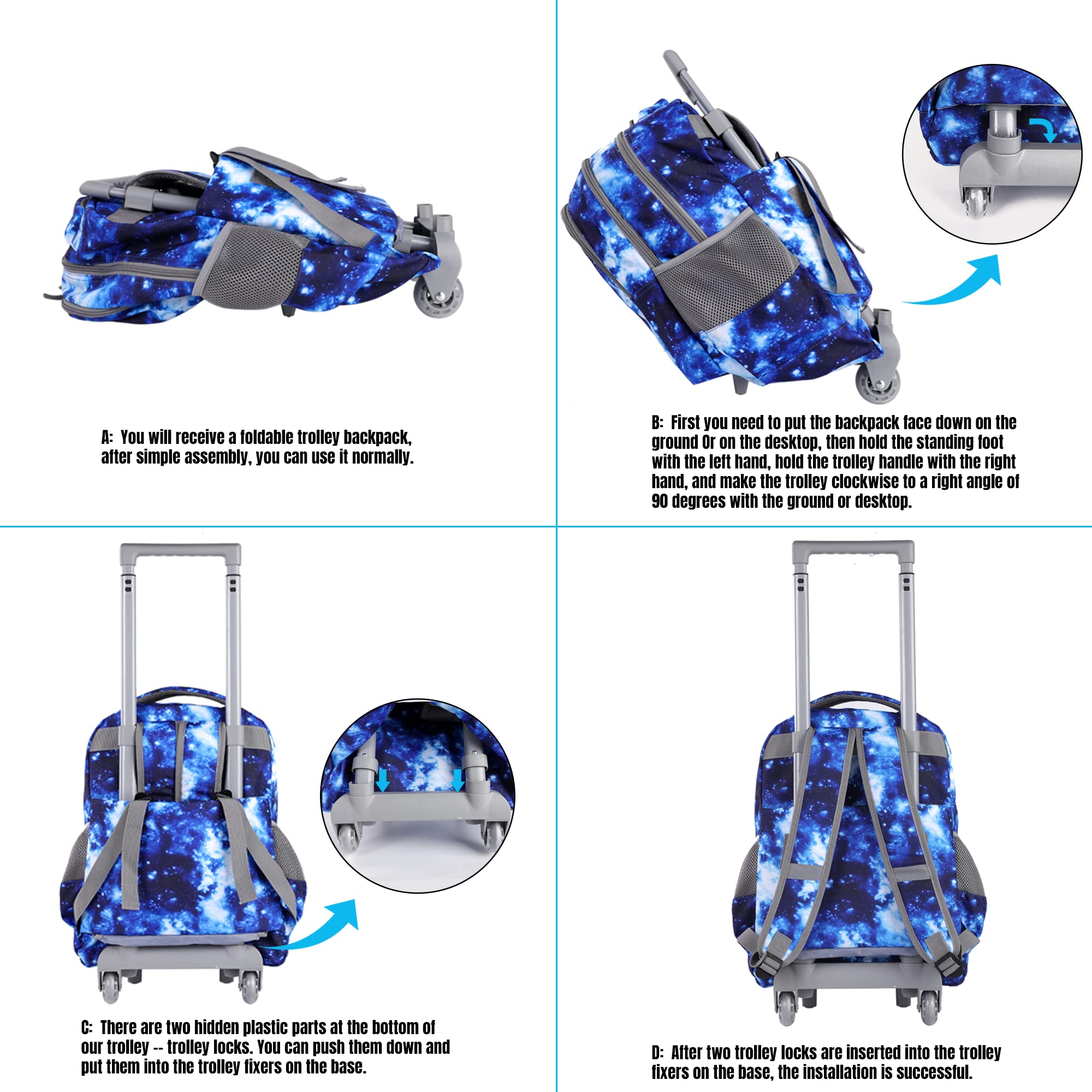 Seastig 18 Inch Rolling Backpack for Kids - Double Handle Wheeled Backpack with Detachable Lunch Bag Set | School Travel, Airplane Carry-On, Daily Commute for Boys & Girls