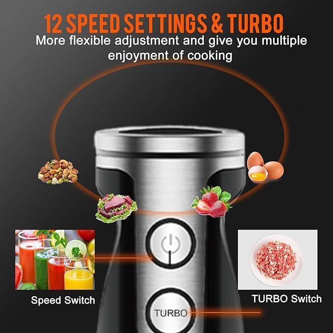 **MegaWise 12-Speed Stainless Steel Hand Blender - 3-in-1 Immersion Blender with Titanium-Plated Blades, Perfect for Smoothies, Soups & Baby Food (Black)**
