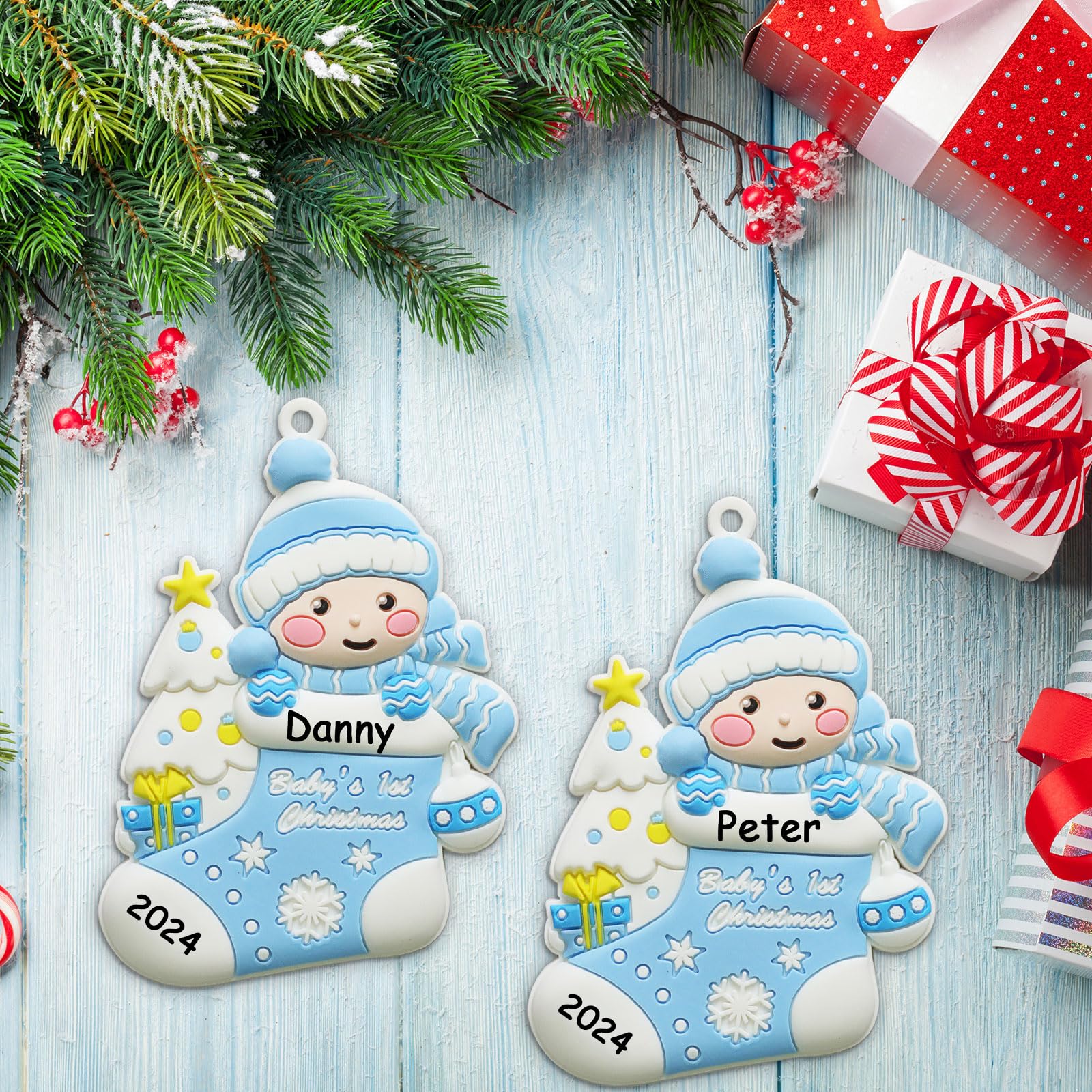 Personalized Baby Boy's First Christmas Ornament 2024 - Custom Handwritten Keepsake for Newborn Boys - Christmas Tree Decoration - Free Engraving - Perfect for Baby's 1st Christmas, Holiday Gifts & Family Keepsakes