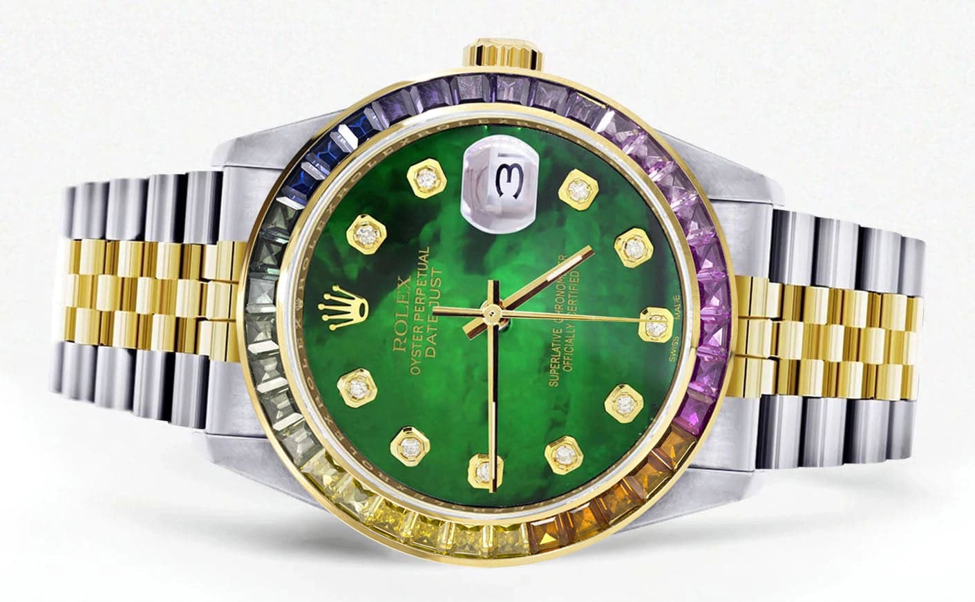 Luxury Diamond Gold Rolex Watch For Men 16233 | 36mm Stainless Steel & Gold | Rainbow Sapphire Bezel | Green Mother of Pearl Dial | Jubilee Bracelet | Perfect for Gifts, Weddings & Special Occasions
