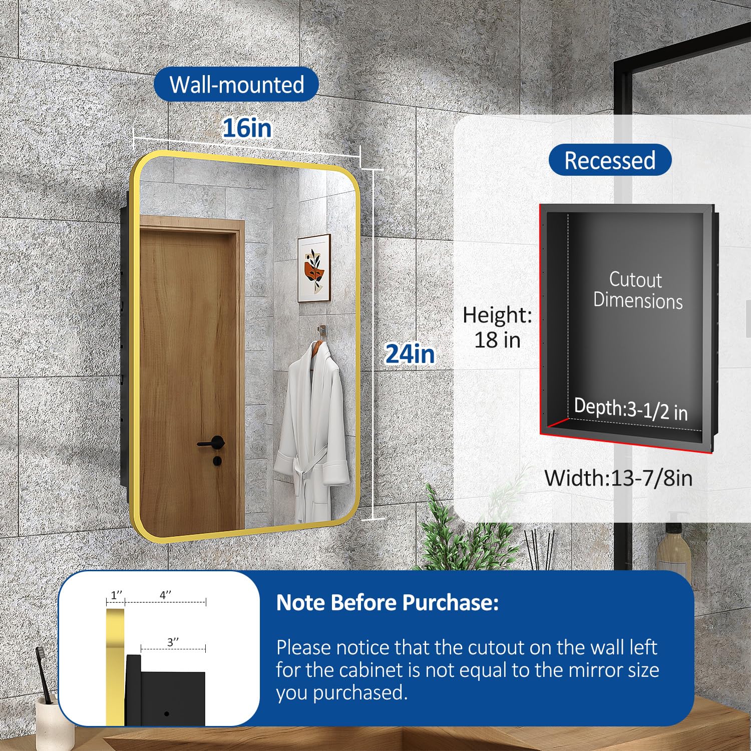 16x24 Inch Gold Metal Frame Bathroom Medicine Cabinet with Mirror - Recessed or Wall Mounted for Bathroom, Vanity & Makeup Area