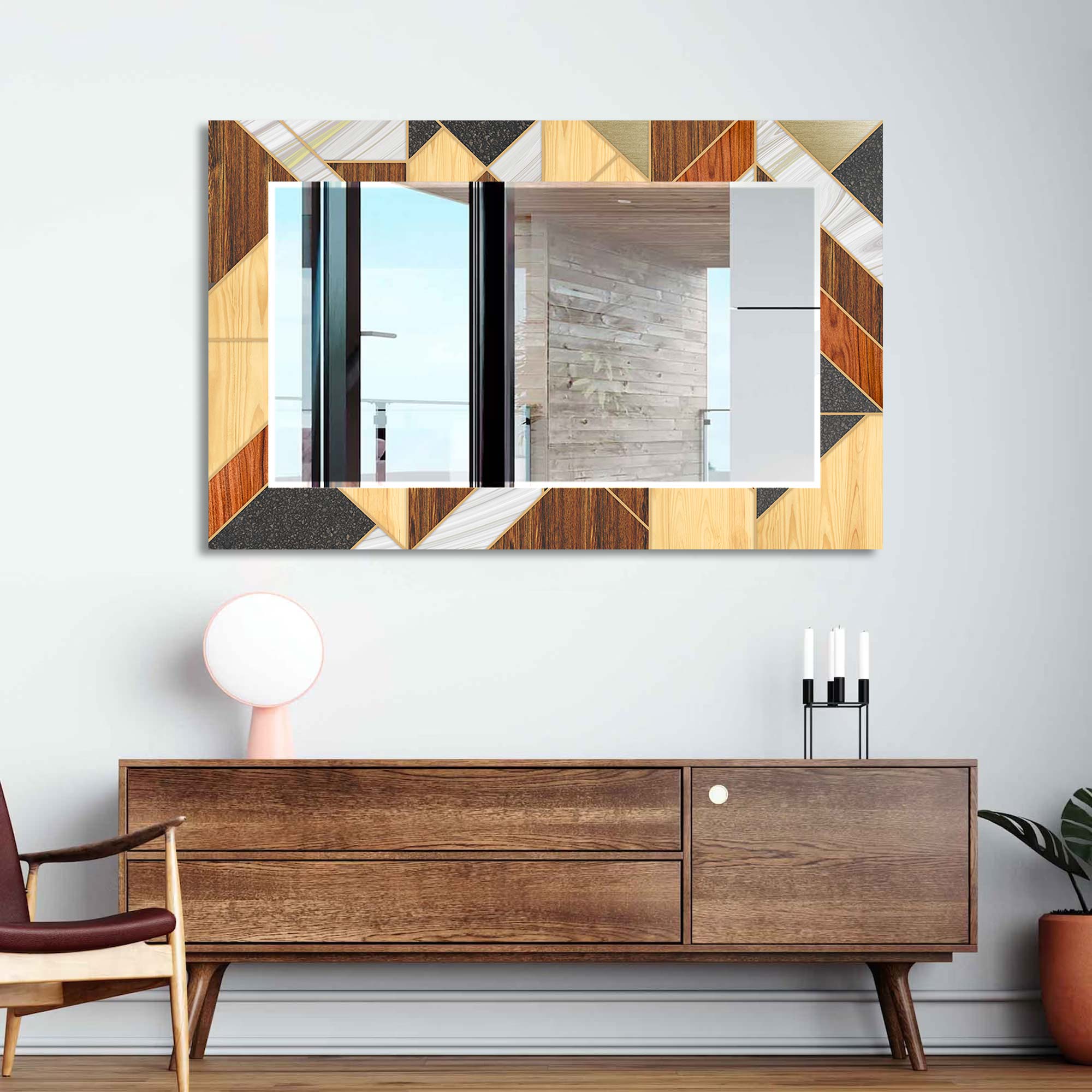 Stylish Wooden Framed Tempered Glass Wall Mirror - Elegant Home Decor for Bedroom, Bathroom & Living Room - Shatterproof & Durable Design for Daily Use