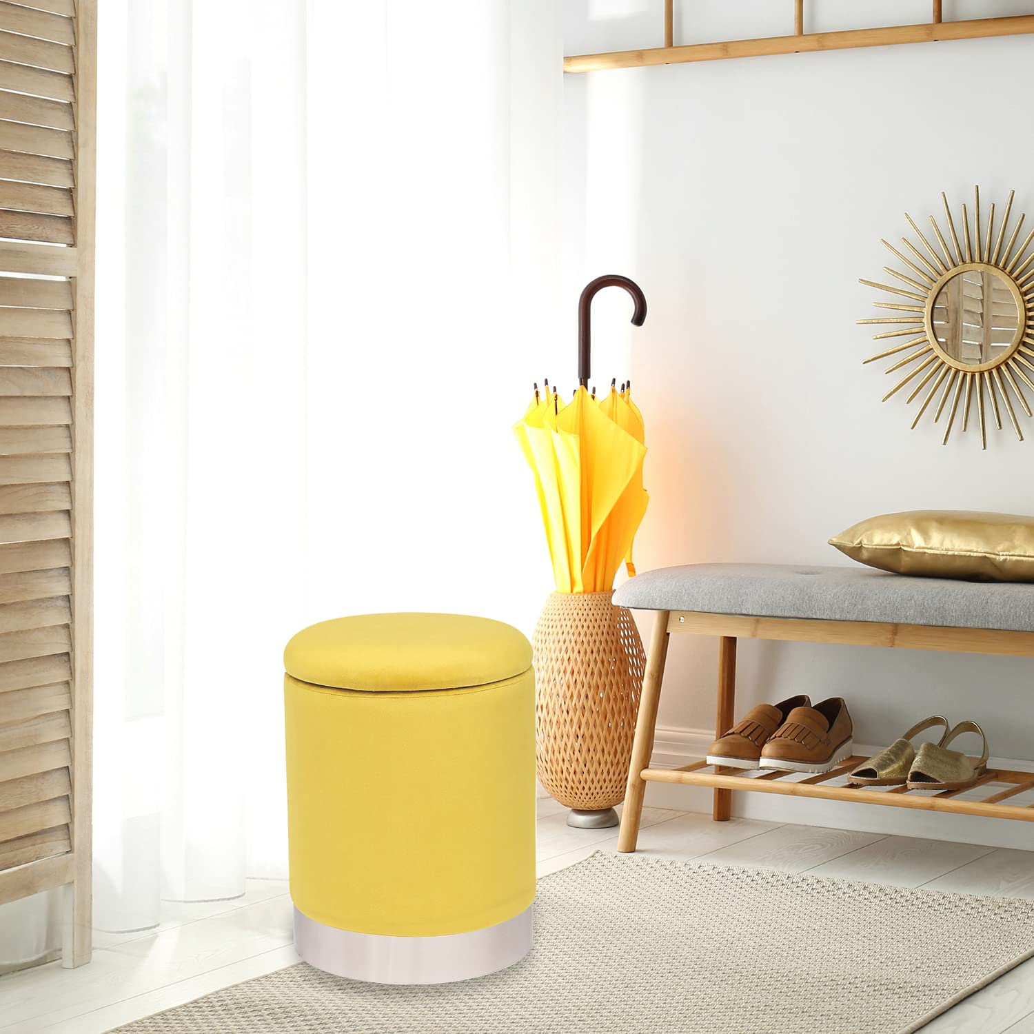 Joveco Round Storage Ottoman with Removable Lid - Velvet Upholstered Footrest with Silver Plating Base - Multi-Purpose Footstool for Living Room, Bedroom & Dressing Room (Yellow) - Perfect for Extra Seating, Storage & Home Decor