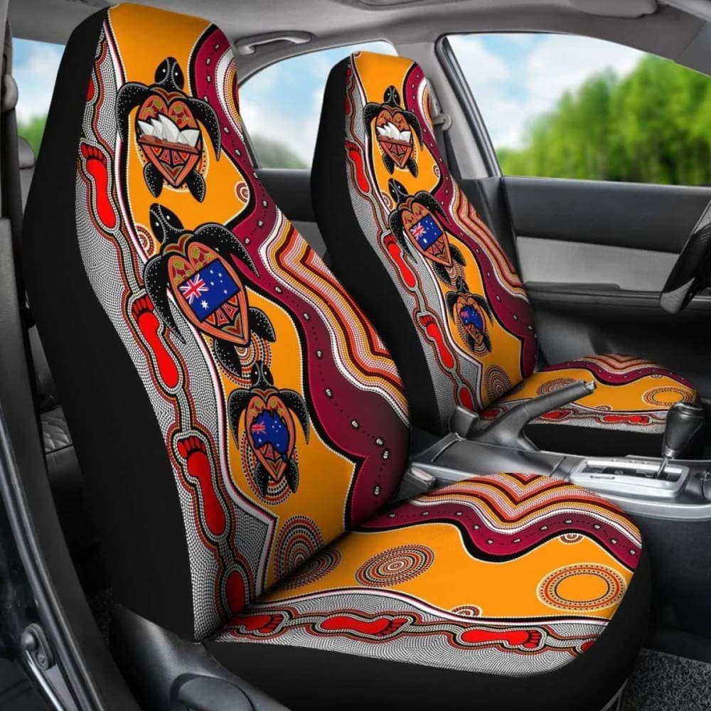 Authentic Australian Aboriginal Car Seat Covers - Turtle & Sydney Opera Dot Painting Design with Flag Footprint | Durable & Stylish for Cars, SUVs & Trucks | Perfect for Road Trips & Daily Commutes