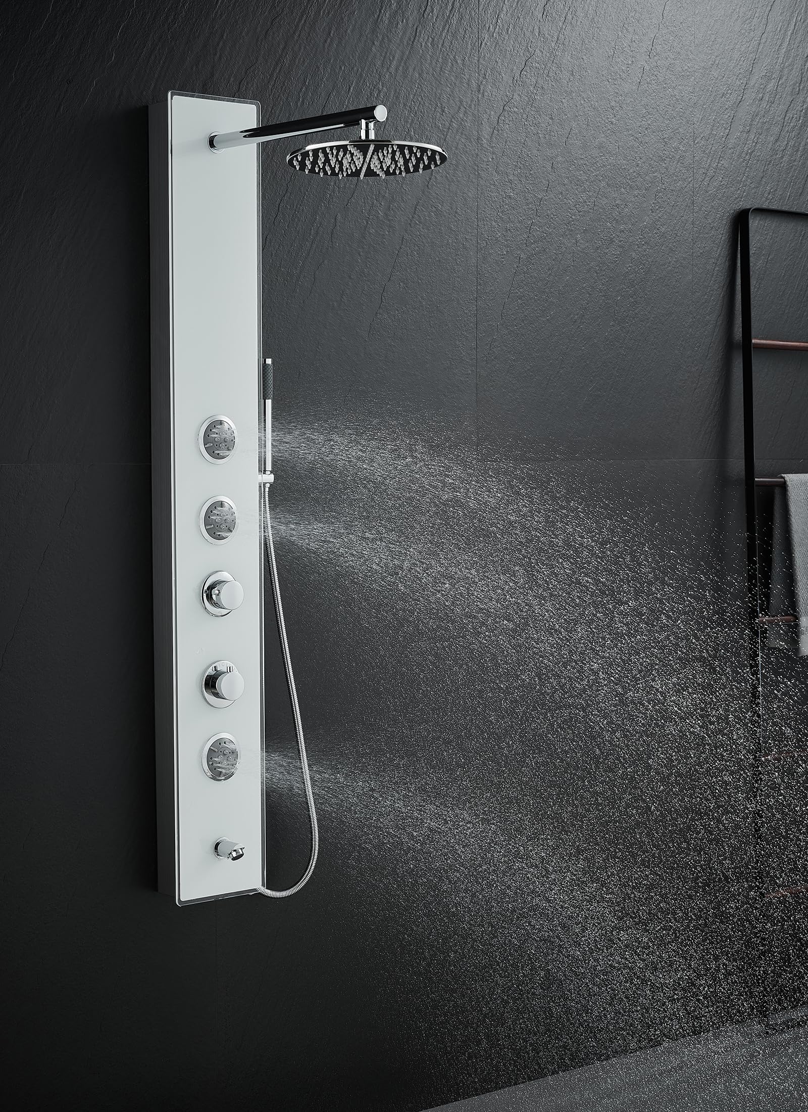 Premium White Glass Shower Panel Tower System - 304 Stainless Steel & Glass 4-in-1 Shower Tower with 9