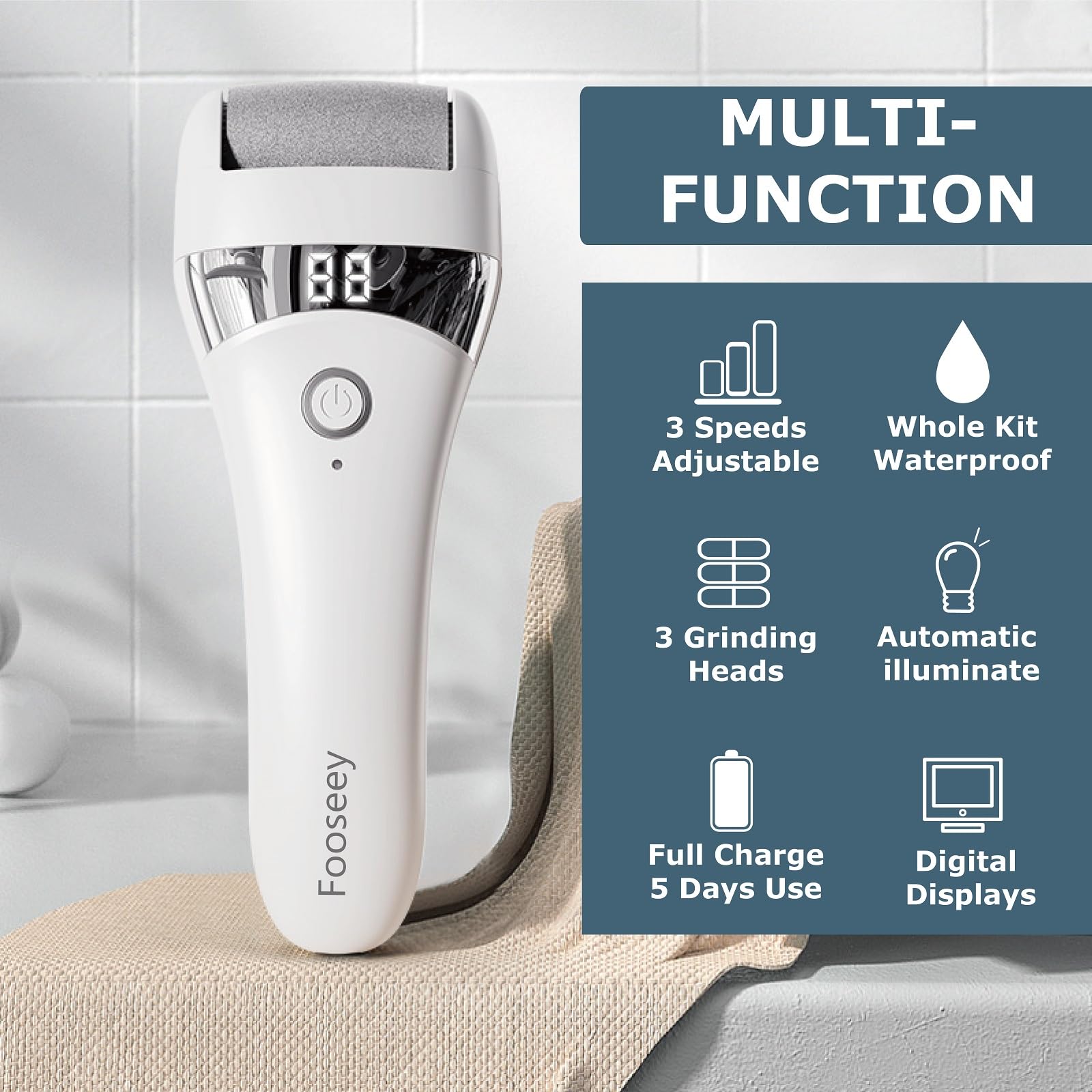 Electric Foot Callus Remover - FSA & HSA Eligible, Rechargeable Pedicure Tool with 3 Attachments for Dry & Cracked Feet Care, Waterproof Dead Skin Remover for Smooth Heels - Perfect for Home Spa, Travel & DIY Pedicures