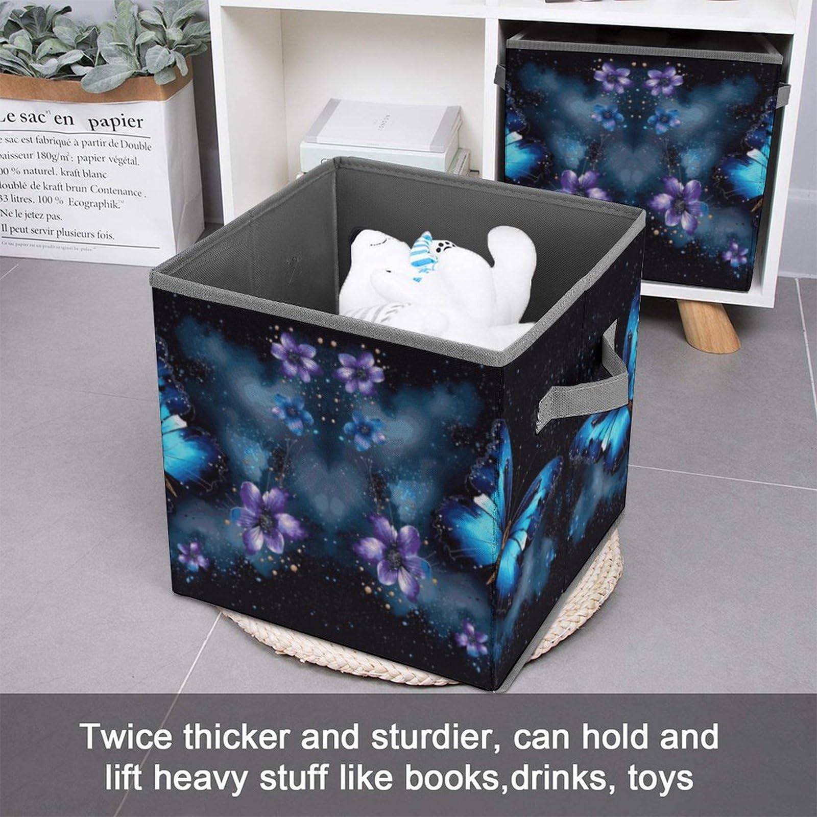 Collapsible Storage Bins with Handles - Galaxy Blue Butterfly Print for Home & Office Organization