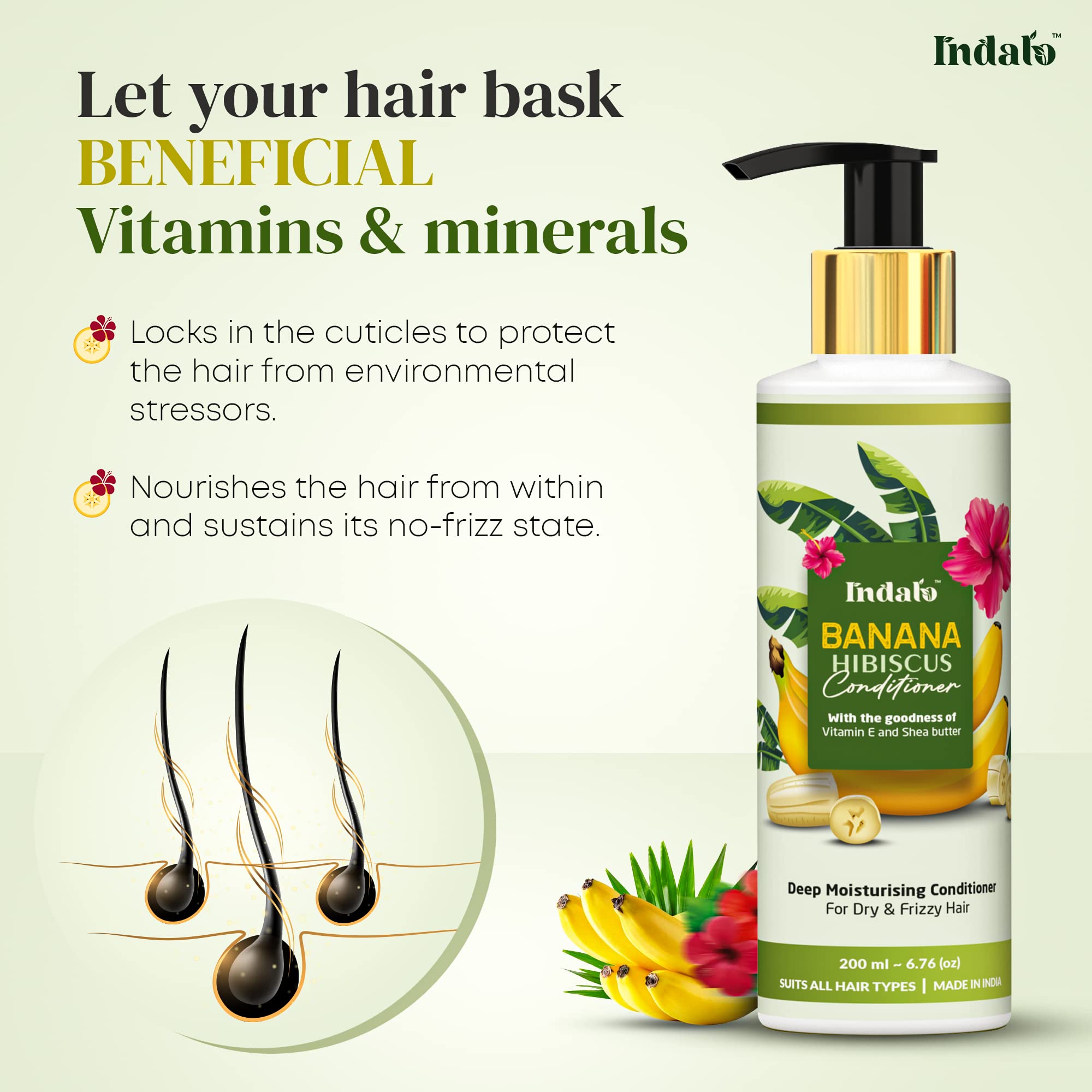 Indalo Banana Hibiscus Hair Conditioner with Vitamin E & Shea Butter - Moisturizing Treatment for Dry, Frizzy, Dull Hair - Paraben, Sulfate & Cruelty Free - 200ml | For Men & Women | Perfect for Daily Hydration & Salon-Quality Smoothness at Home