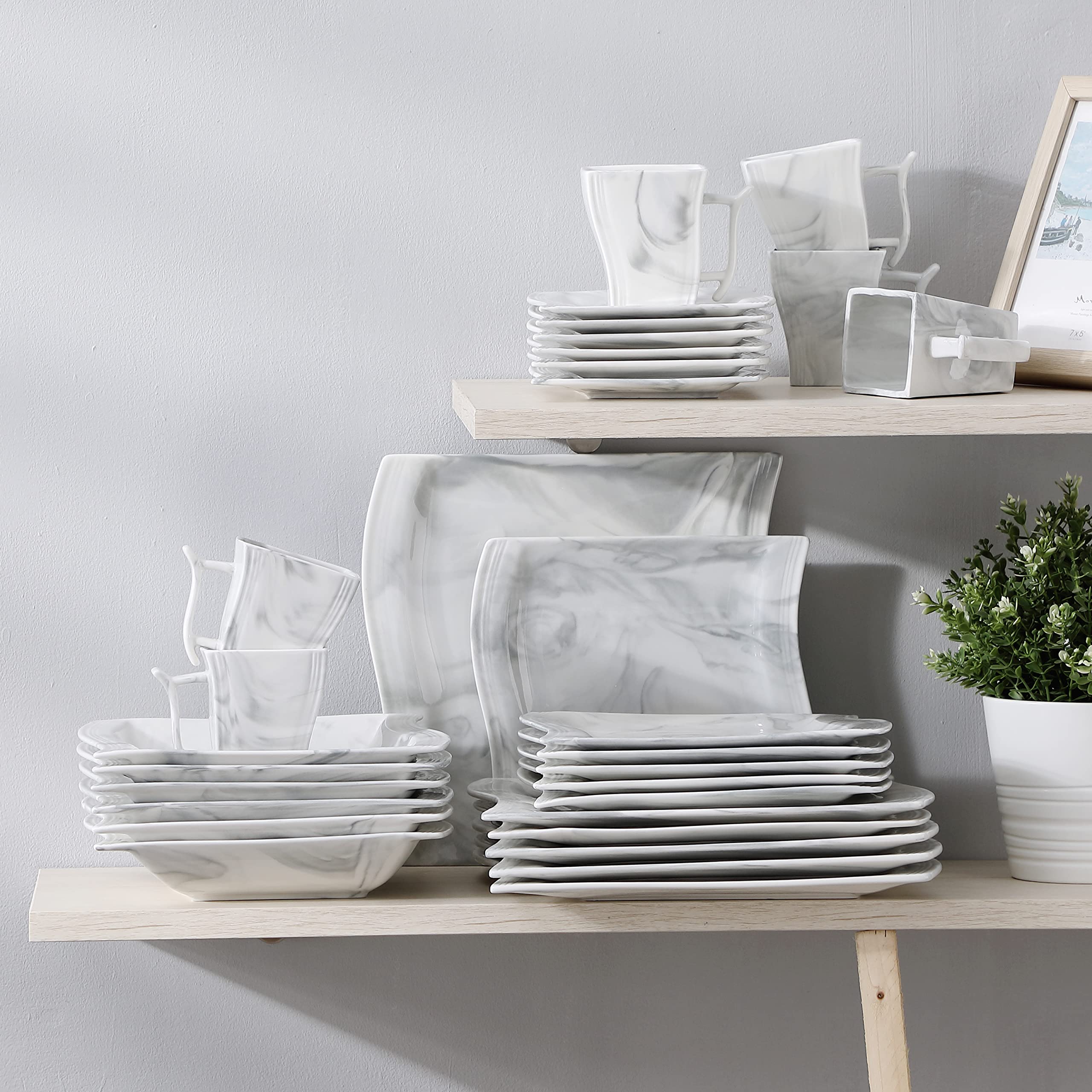 MALACASA 30-Piece Porcelain Dinnerware Set for 6 - Square Plates, Bowls, Cups & Saucers in Modern Marble Grey (Flora Series) - Perfect for Family Dinners, Parties & Restaurant Use