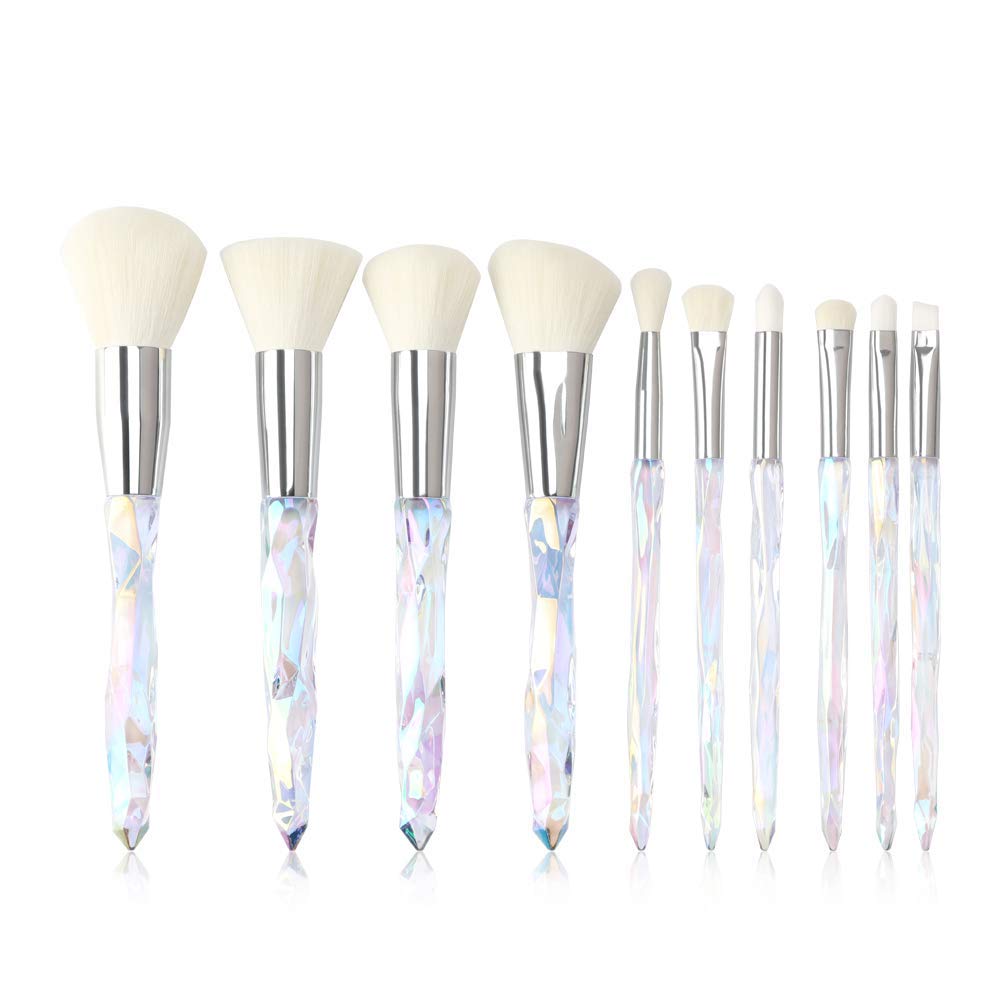 Premium Crystal Handle Makeup Brush Set - Kabuki Powder, Foundation, Concealer, Eyeshadow, Eyeliner & Eyebrow Brushes with Transparent White Handle for Professional Makeup Application & Travel Beauty Kit