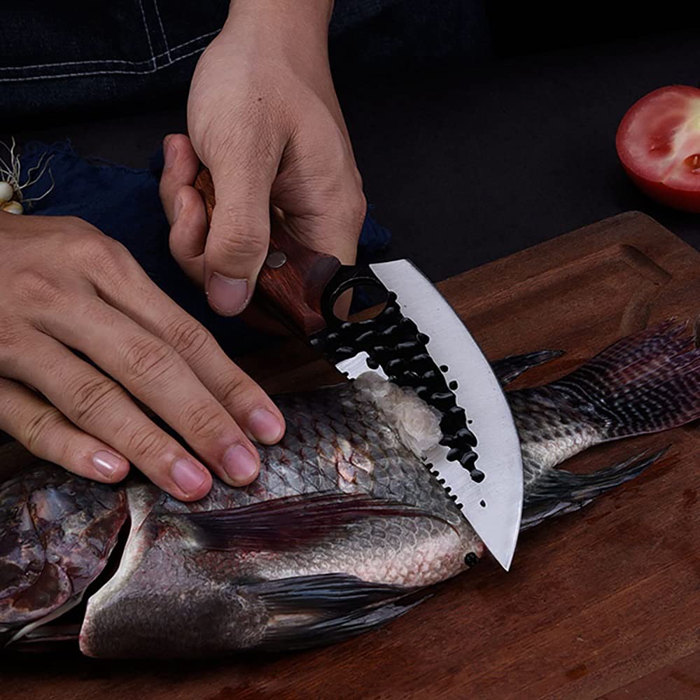 Viking Forged High Carbon Steel Boning Knife - Serbian Jagged Fish Scale Design - Professional Butcher & Kitchen Knife Set for Meat Cutting, Fish Filleting & Cooking | BY ZZYY | Perfect for Home Chefs, BBQ Enthusiasts & Professional Kitchens
