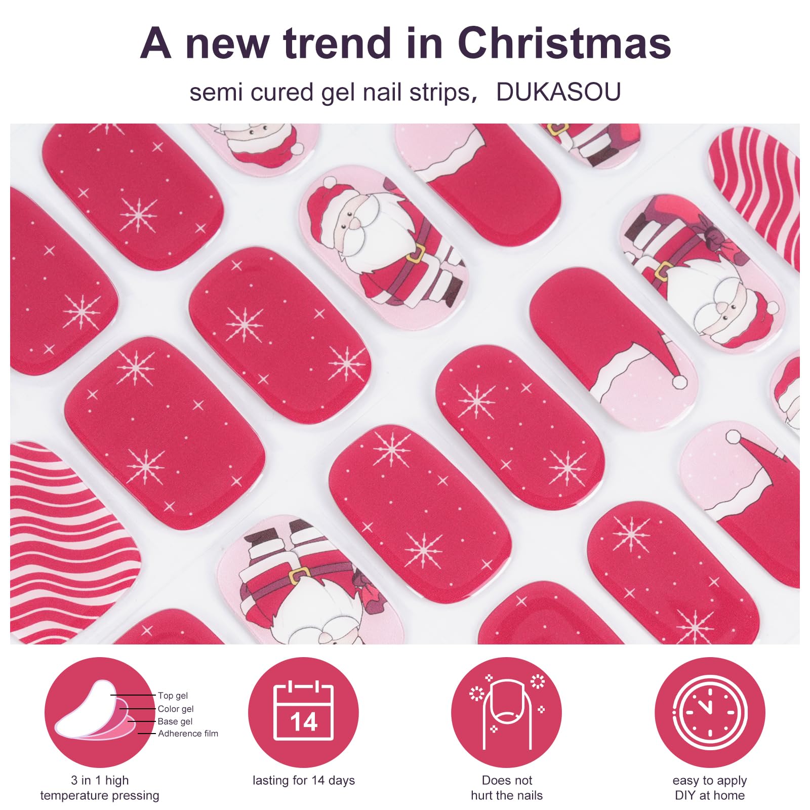 28pcs Christmas Semi Cured Gel Nail Strips - Santa Red Nail Wraps with UV Light for Long Lasting Wear | Easy DIY Nail Art for Holiday Parties & Gift Giving