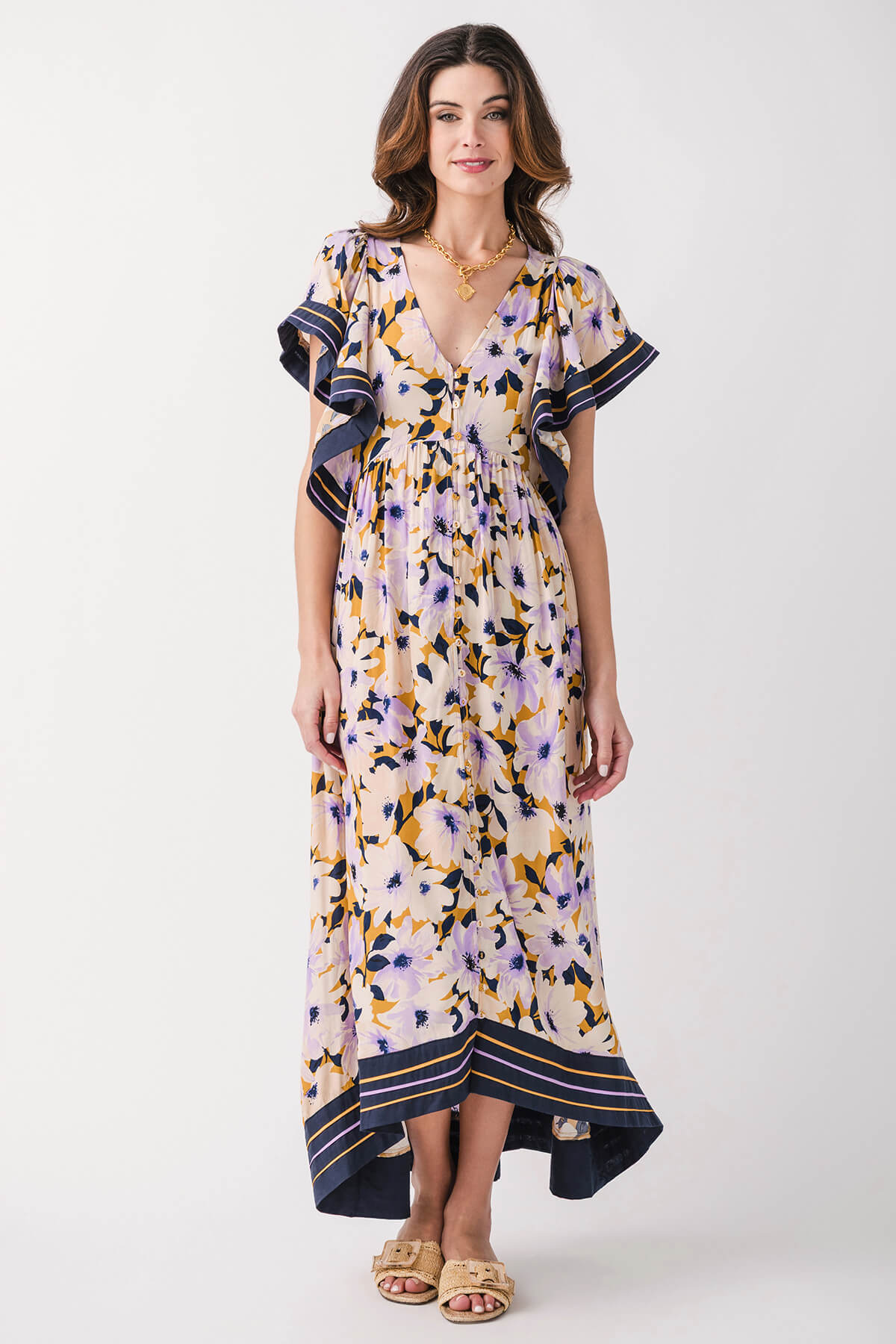 Olivaceous Vivienne Floral Maxi Dress for Women - Elegant Long Flowy Summer Dress with V-Neck & Flutter Sleeves - Perfect for Beach Vacation, Wedding Guest & Boho Party