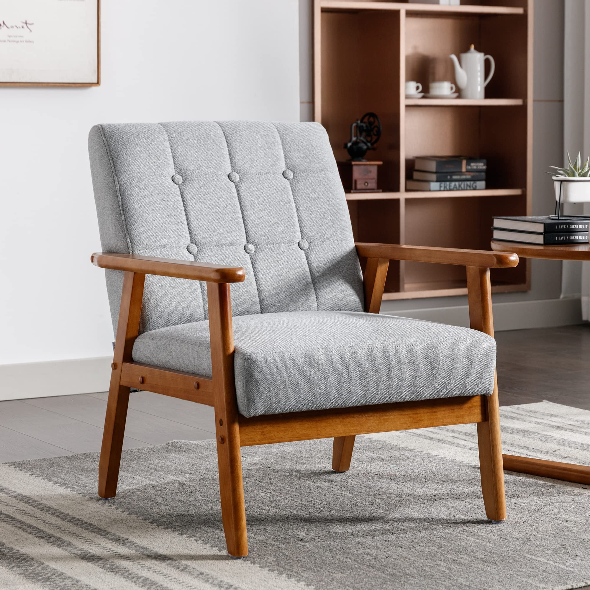 Krinana Mid Century Modern Linen Accent Chair - Solid Wood Frame, Comfortable Single Armchair for Living Room, Bedroom & Office - Light Grey | Perfect for Reading Nook, Lounge Area & Home Decor