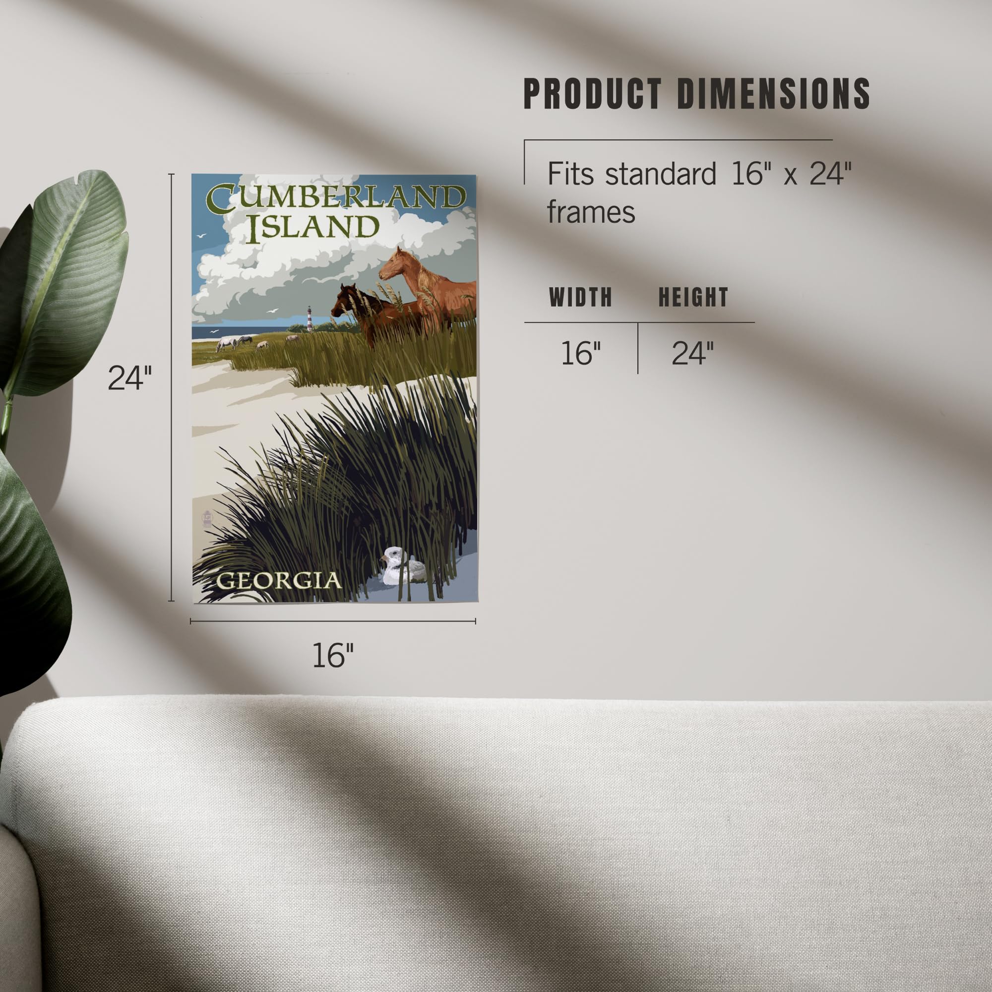 Lantern Press 16x24 Inch Giclee Art Print - Cumberland Island Georgia Landscape with Wild Horses, Sand Dunes & Lighthouse - Coastal Home Decor, Beach House Wall Art, Office Decoration