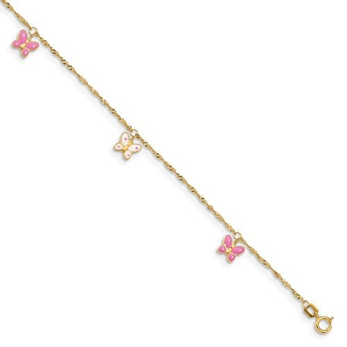 14K Yellow Gold Pink & White Enamel Butterfly Anklet Bracelet - Elegant Foot Jewelry for Women, Perfect for Summer, Beach & Boho Fashion