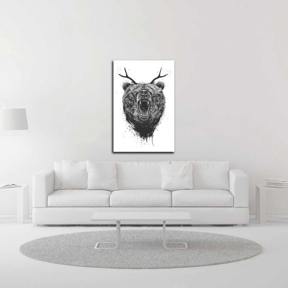 Angry Bear With Antlers by Balazs Solti - Premium Canvas Wall Art Print - Ready to Hang - Perfect for Living Room, Bedroom & Office Decor