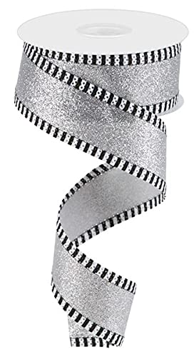 Shimmer Glitter Wired Edge Ribbon with Stripes - 10 Yards Silver Decorative Ribbon (1.5 Inch Width) for Gift Wrapping, Party Decorations, DIY Crafts and Scrapbooking