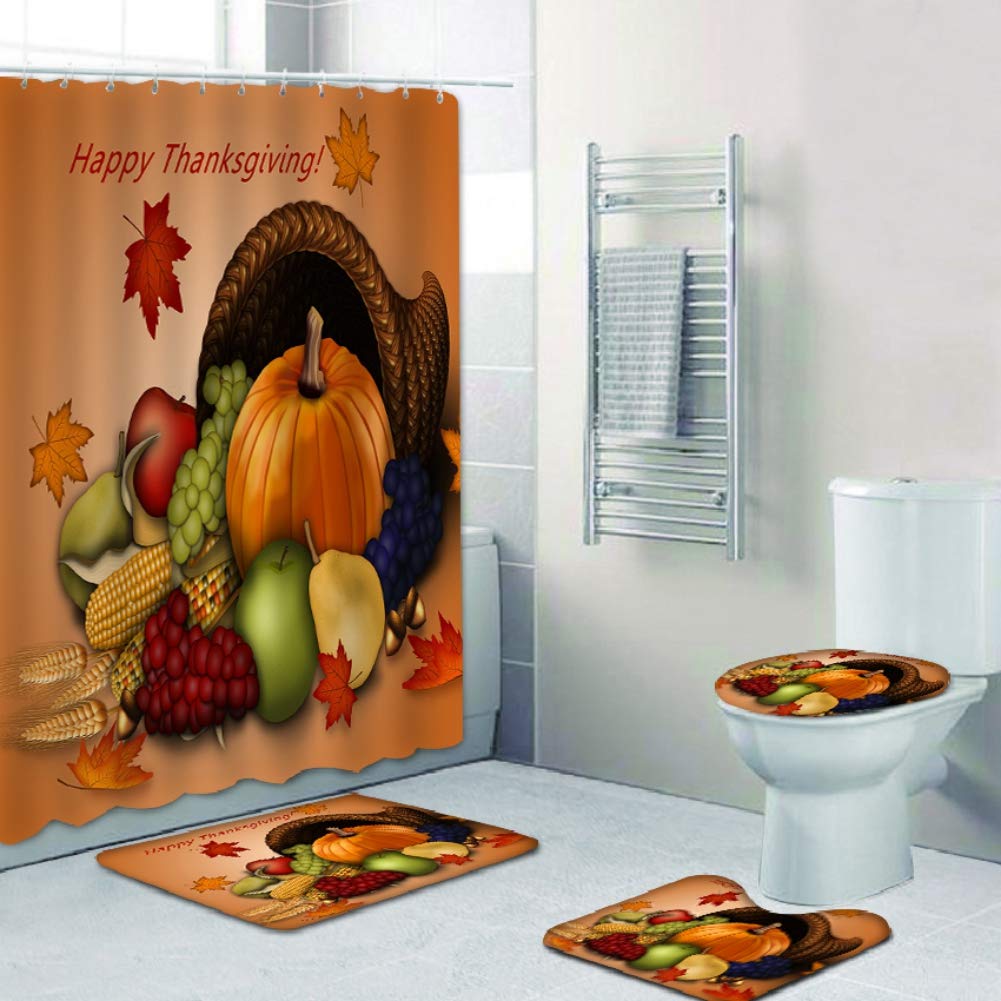 Halloween Shower Curtain Set - 4 Piece Pumpkin 3D Printed Bathroom Decor with Toilet Seat Cover, Rug & Hooks for Halloween & Thanksgiving | Spooky Bathroom Decorations for Holiday Parties & Home Decor