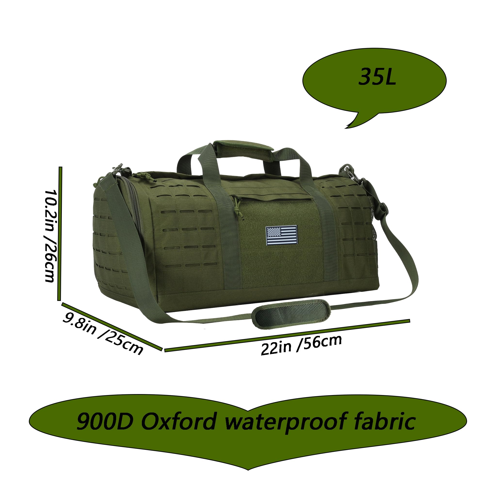 SEYATULLH 35L Military Tactical Duffle Bag for Men & Women - Waterproof Gym Bag with Shoe Compartment - Sports, Football Training, Workout, Travel & Army Gear - Army Green Tactical Backpack | Perfect for Gym, Camping, Hiking & Military Use