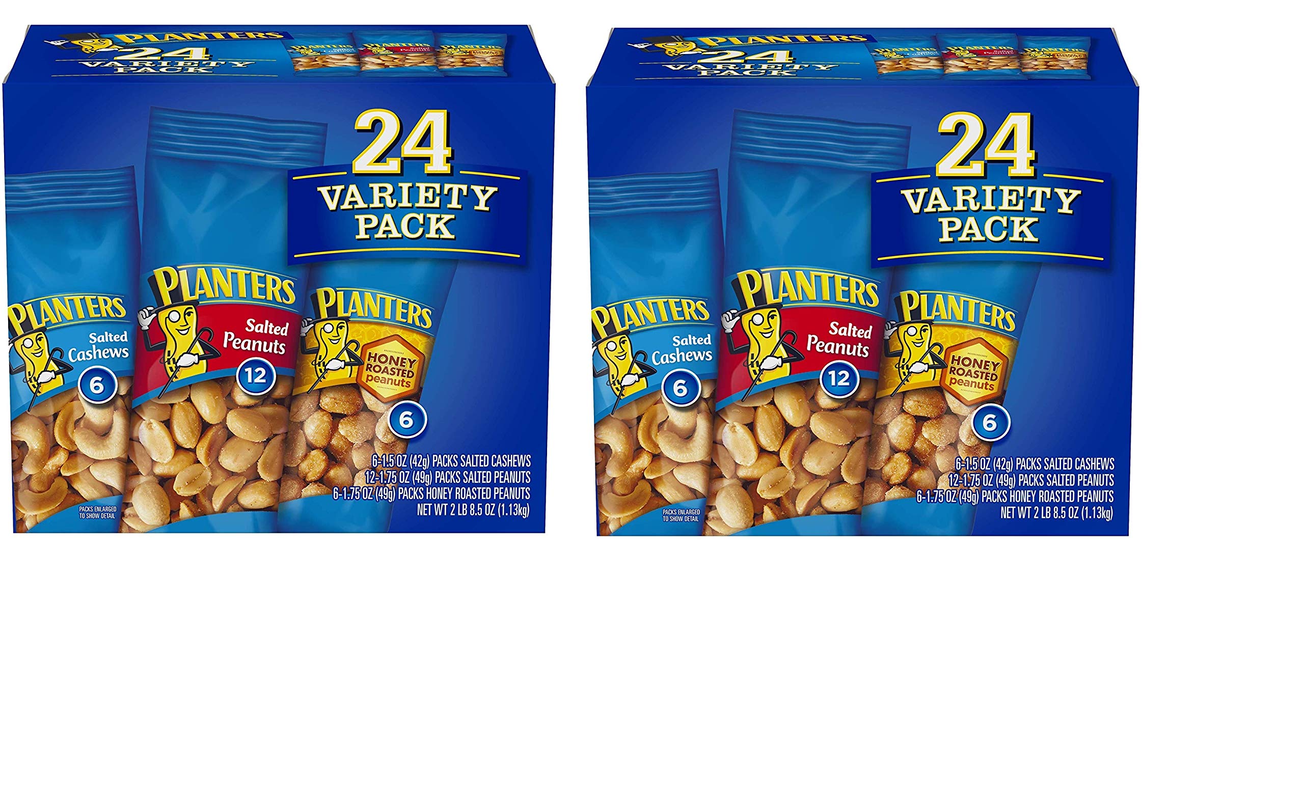 PLANTERS Variety Packs (Salted Cashews, Salted Peanuts & Honey Roasted Peanuts) - 24 Individual Snack Packs | Perfect for Office, Travel & On-the-Go Healthy Snacking | Bulk Mixed Nuts for Work, School & Outdoor Activities