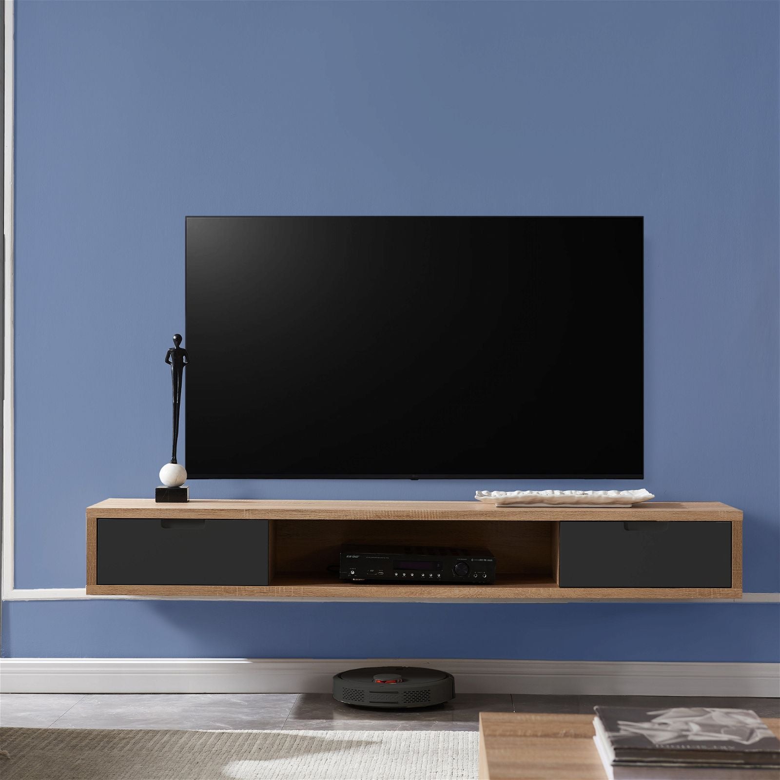 Wall Mounted Oak TV Stand with Grey Drawers - 1800mm Modern Entertainment Center for Living Room by Criterion | Perfect for Home Theater Setup & Media Storage