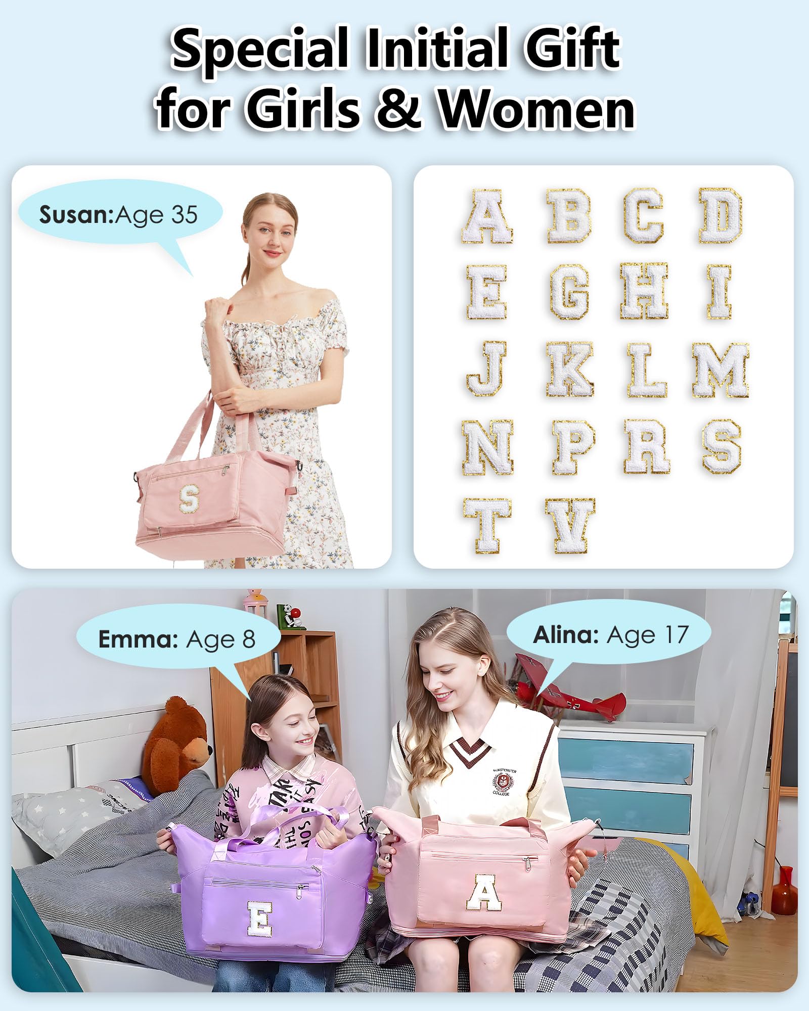Personalized Initial Duffle Bag for Women - Pink Travel Duffel Bag with Shoe Compartment, Gym & Overnight Bag, Perfect for Weekend Getaways, Hospital Visits & Carry-On Luggage | Great Gift for Women & Girls