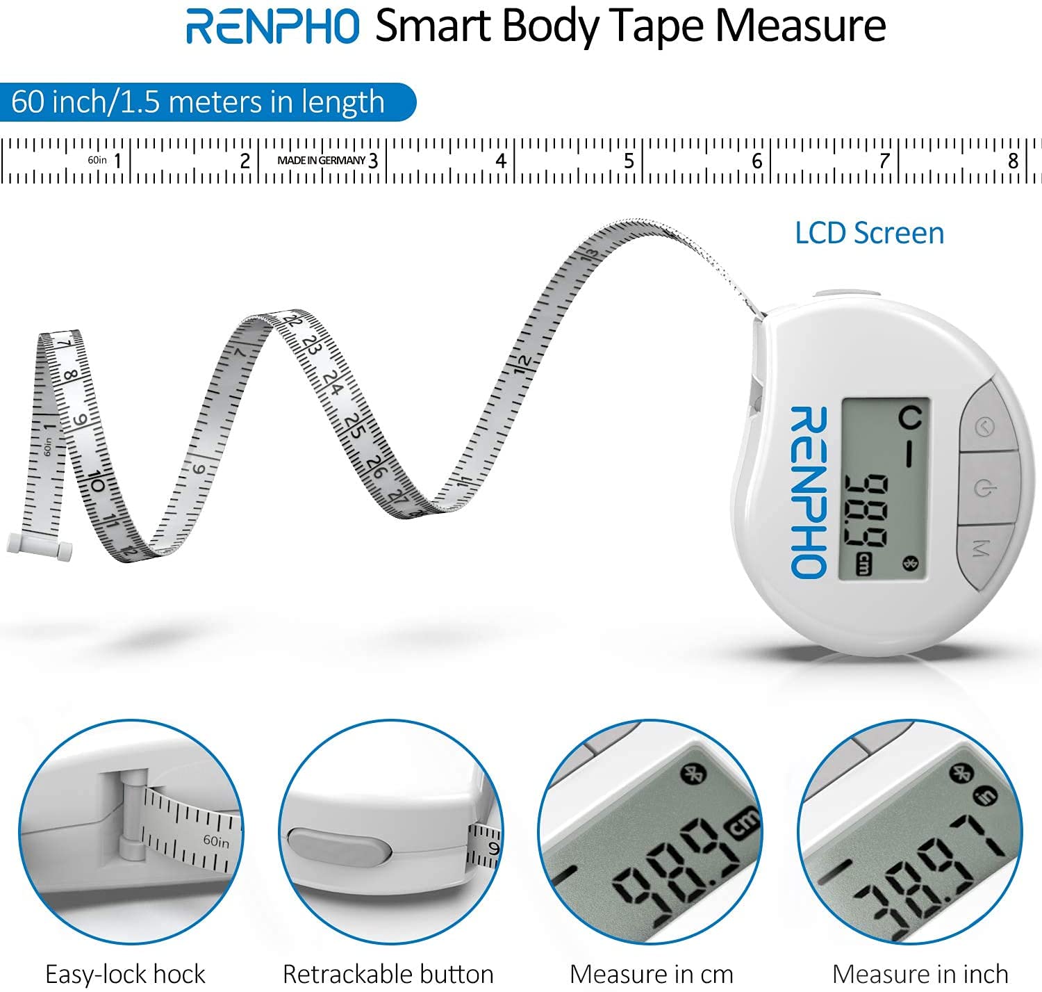 RENPHO Smart Tape Measure & Bluetooth Bathroom Scale - Body Fat Monitor with App for Weight Tracking | Perfect for Home Fitness & Health Monitoring