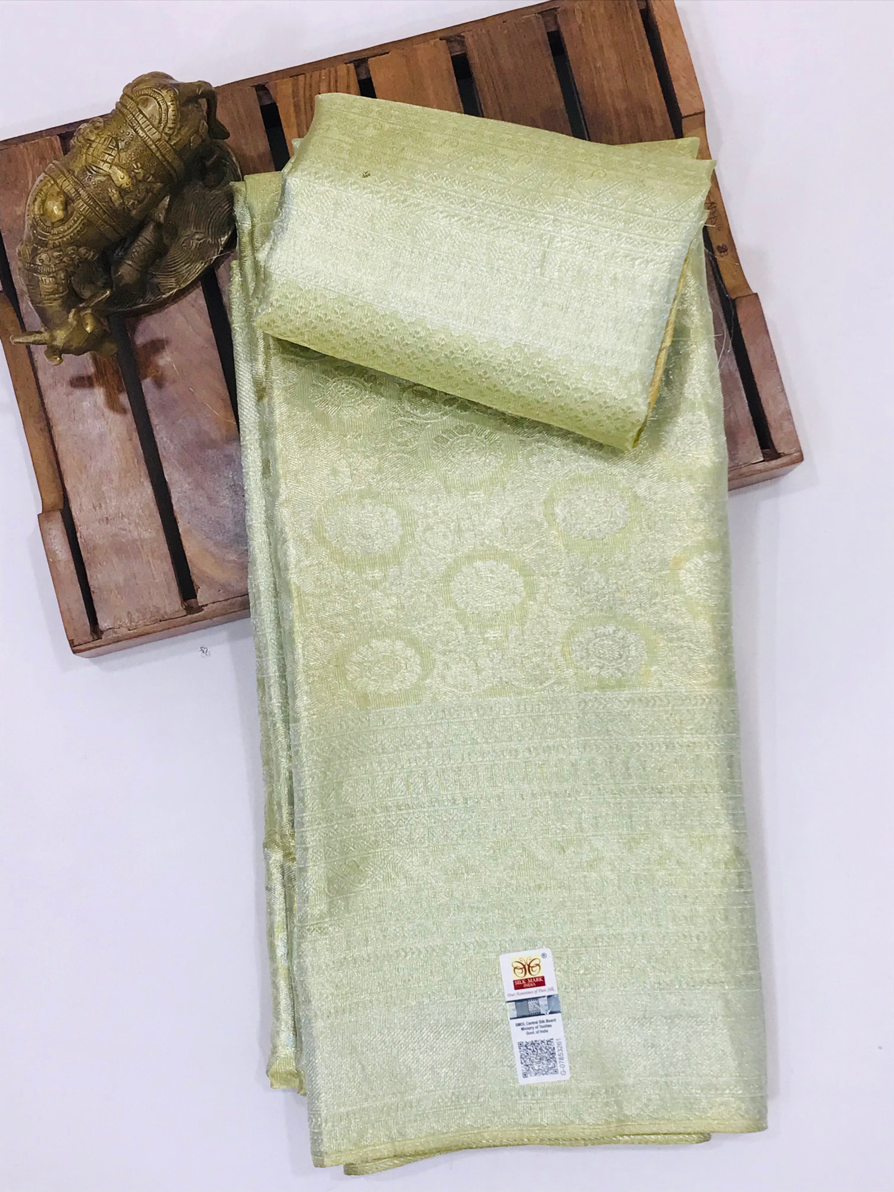 Elegant Pista Green 100% Pure Kanchipuram Silk Saree with Gold & Silver Zari - SILKMARK Certified | Perfect for Weddings, Festivals & Special Occasions