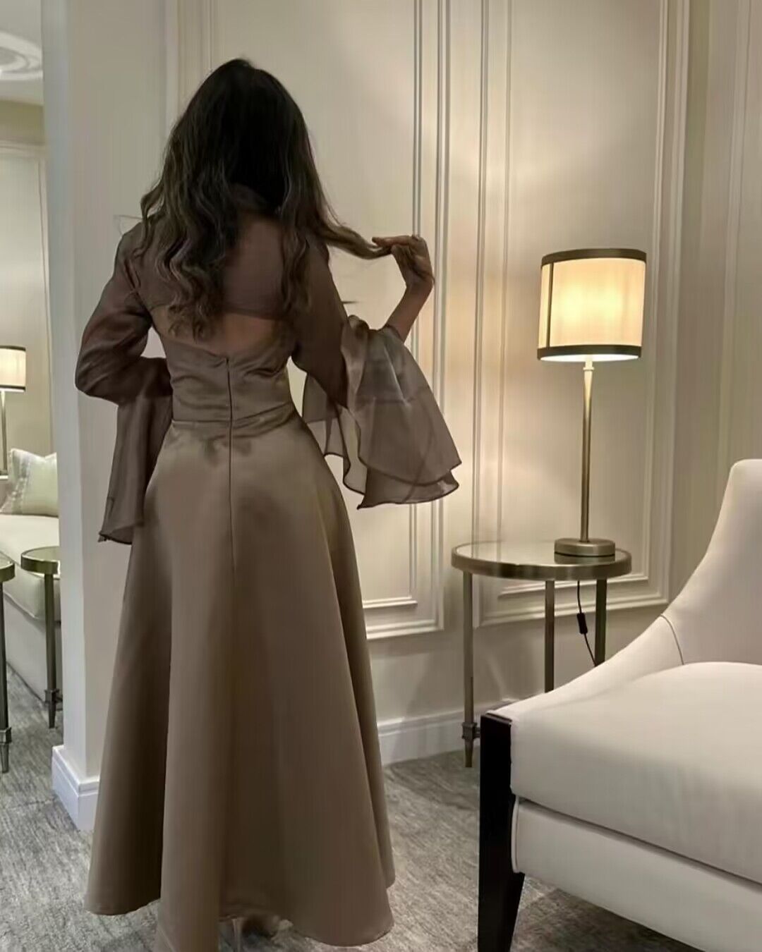 Elegant A-Line Satin Long Prom Dress with Ruffled Sleeves - Style J2738 | Perfect for Homecoming, Formal Dances & Special Occasions