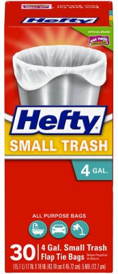 Hefty Flap Tie Small Trash Bags, 4 Gallon, 30 Count - Perfect for Bathroom, Office & Car Waste Disposal | Durable & Leak-Proof Trash Liners