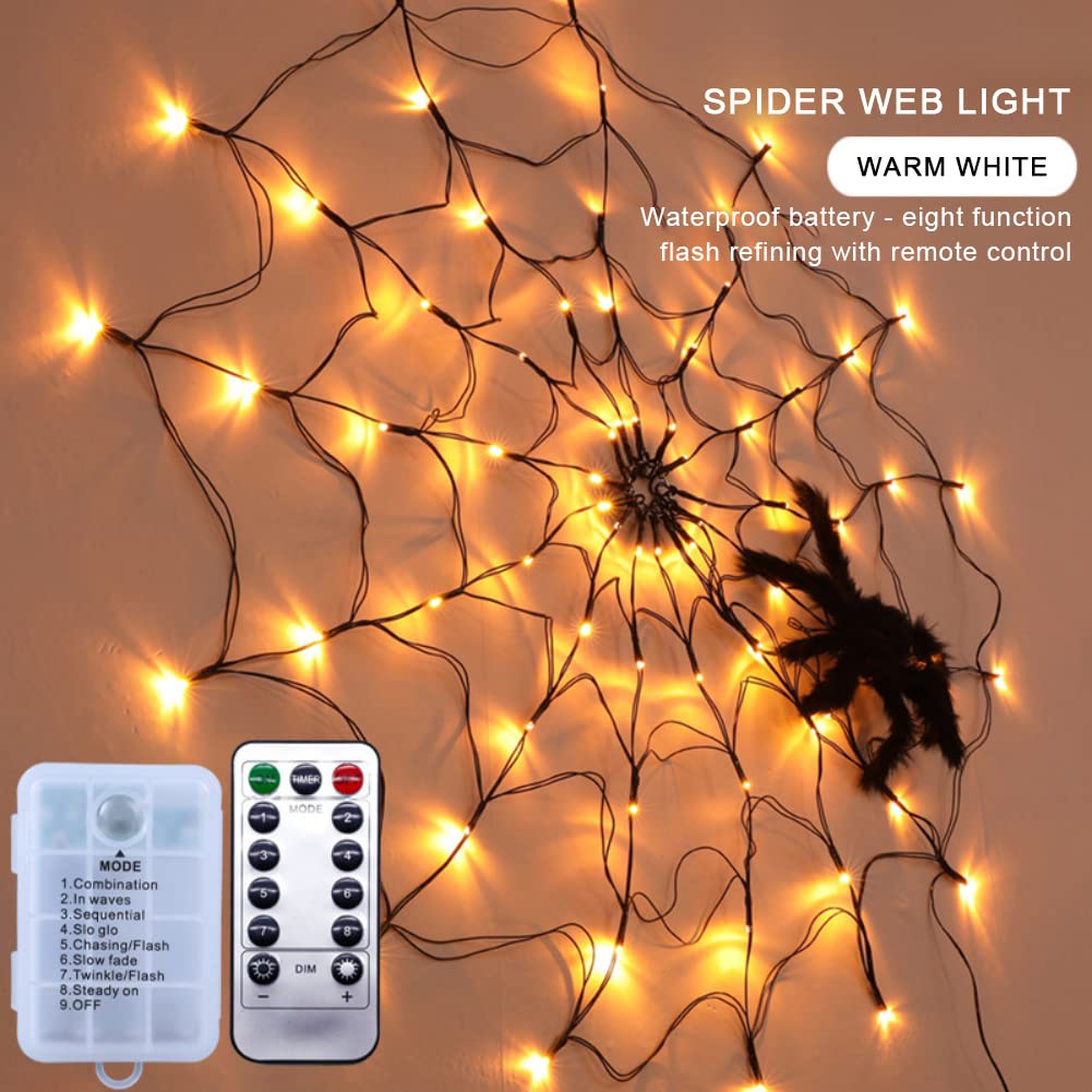 Ochine Giant Spider Web LED Halloween Lights - Waterproof Warm White Net Lights with Black Spiders for Indoor & Outdoor Decor - Perfect for House, Yard, Garden Halloween Party Scary Decorations