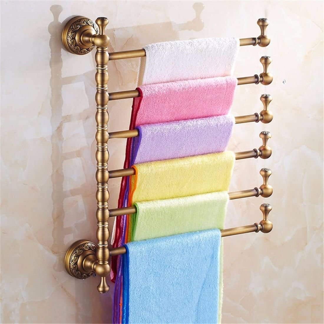 HAODAMAI Double Pole Wall Mounted Towel Rack - 6-Towel Bar Bathroom Organizer with Tissue Holder, Zinc Alloy Construction in Brass Finish - Perfect for Bathroom, Toilet, Spa & Hair Dryer Storage Organization