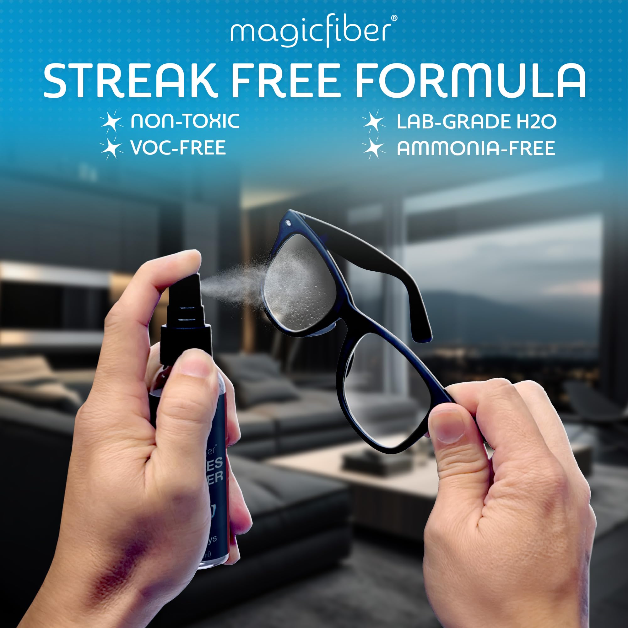 MagicFiber Glasses Cleaner Kit - (2) Eyeglass Cleaner Sprays + (2) Microfiber Cleaning Cloths - Perfect for Glasses, Lenses, Cameras, Screens, Sunglasses, Phones, Electronics, Computers, VR Headsets & TVs - Ideal for Home, Office, Travel & Outdoor Use